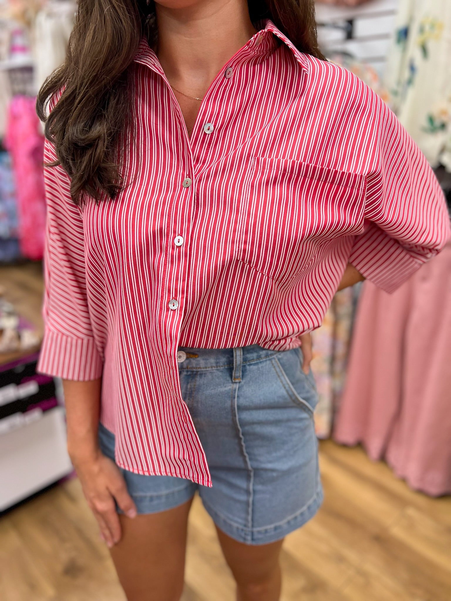 Red Striped Button Down Top with Elbow Length Sleeves - A'Bekah's Boutique