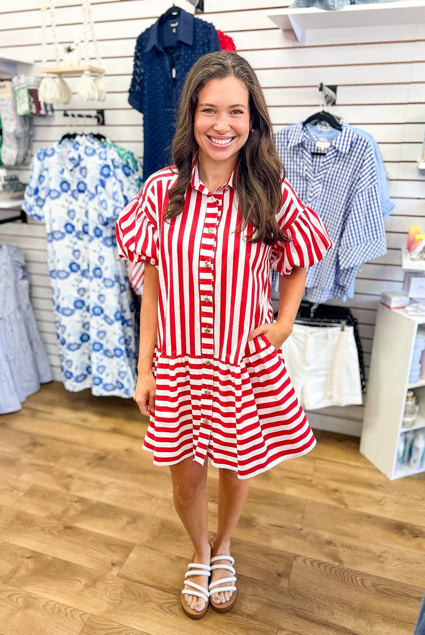 Red Striped Dress with Short Puff Sleeves - A'Bekah's Boutique