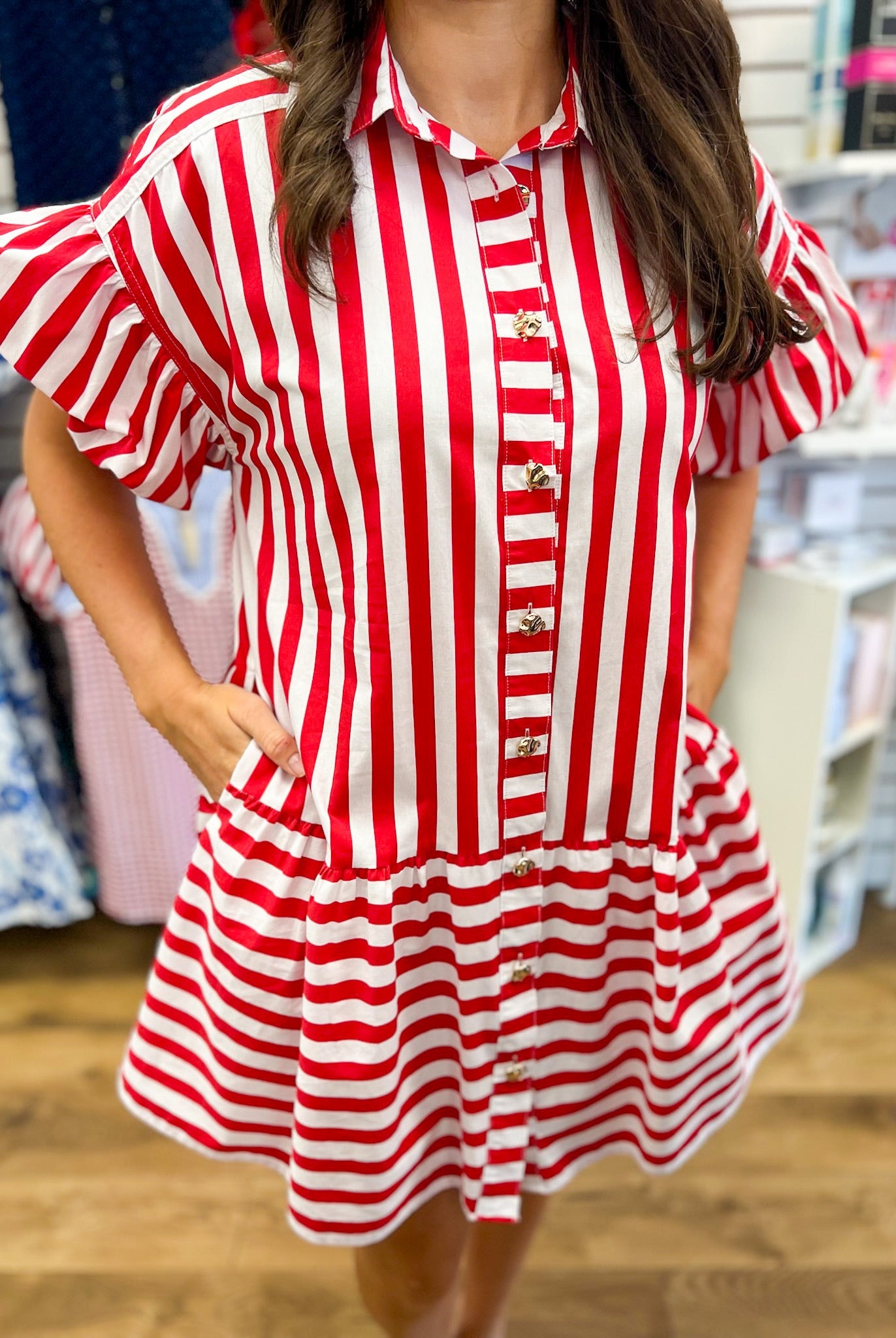 Red Striped Dress with Short Puff Sleeves - A'Bekah's Boutique