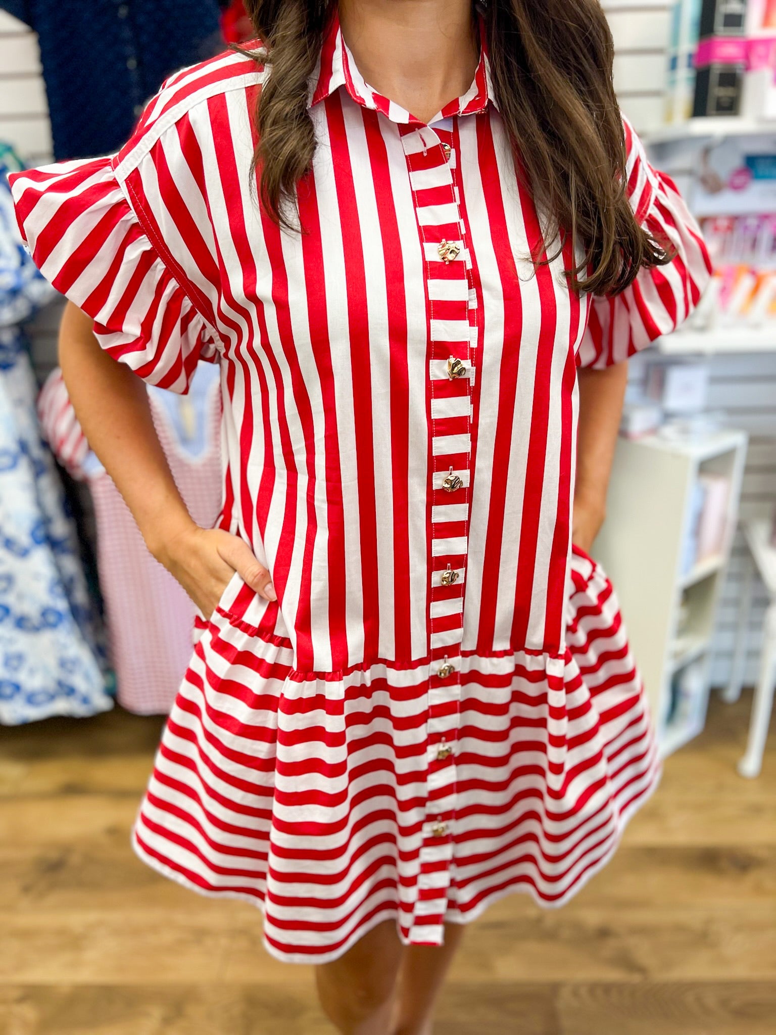 Red Striped Dress with Short Puff Sleeves - A'Bekah's Boutique