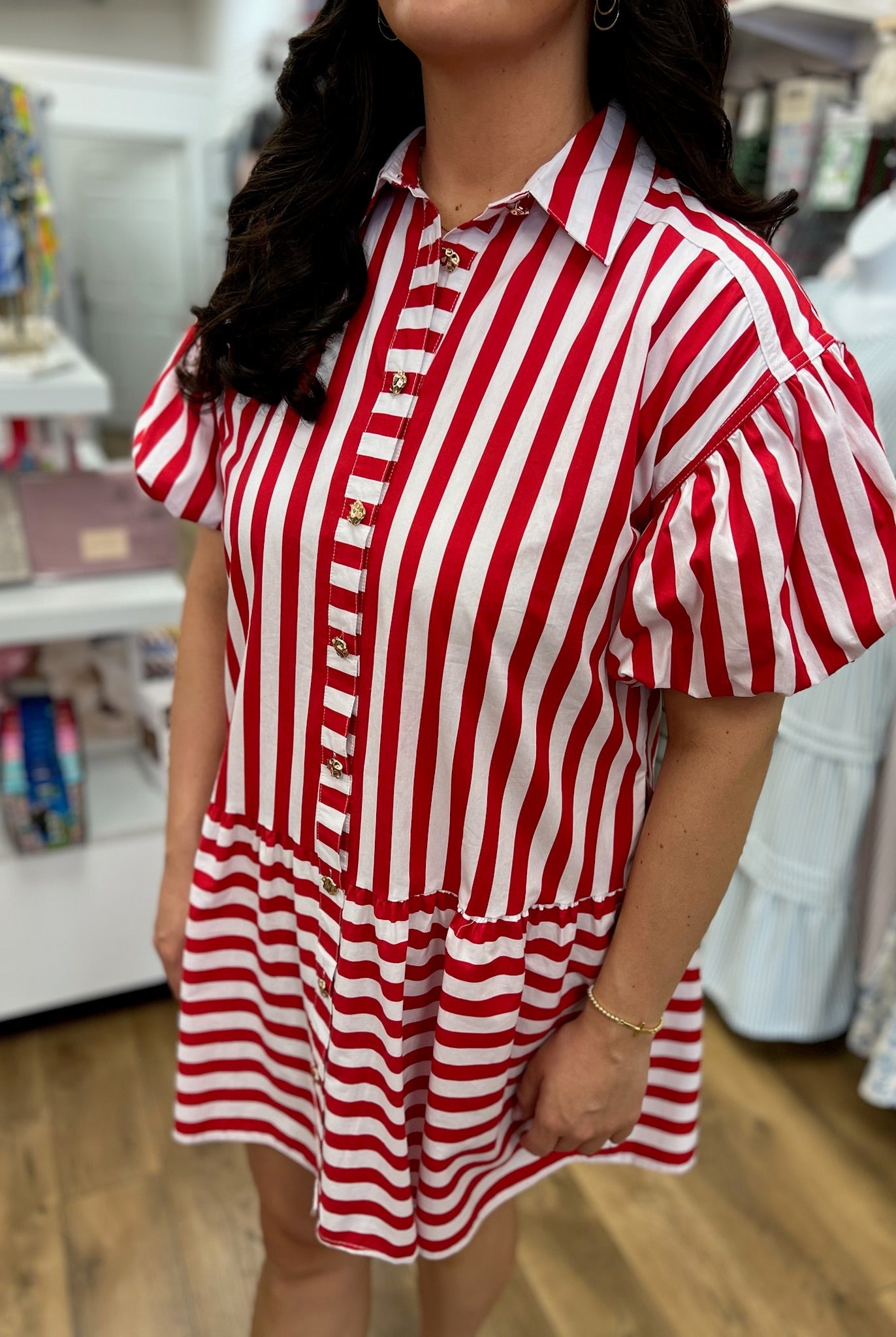 Red Striped Dress with Short Puff Sleeves - A'Bekah's Boutique