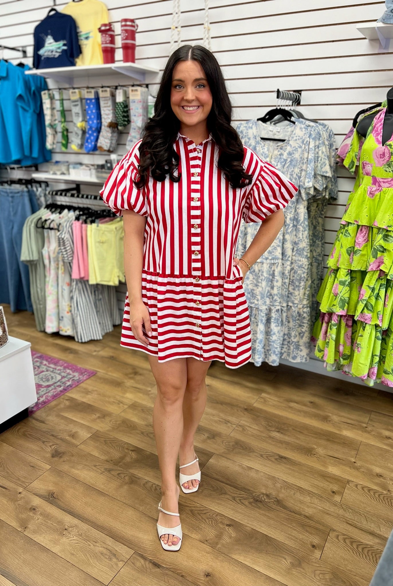 Red Striped Dress with Short Puff Sleeves - A'Bekah's Boutique