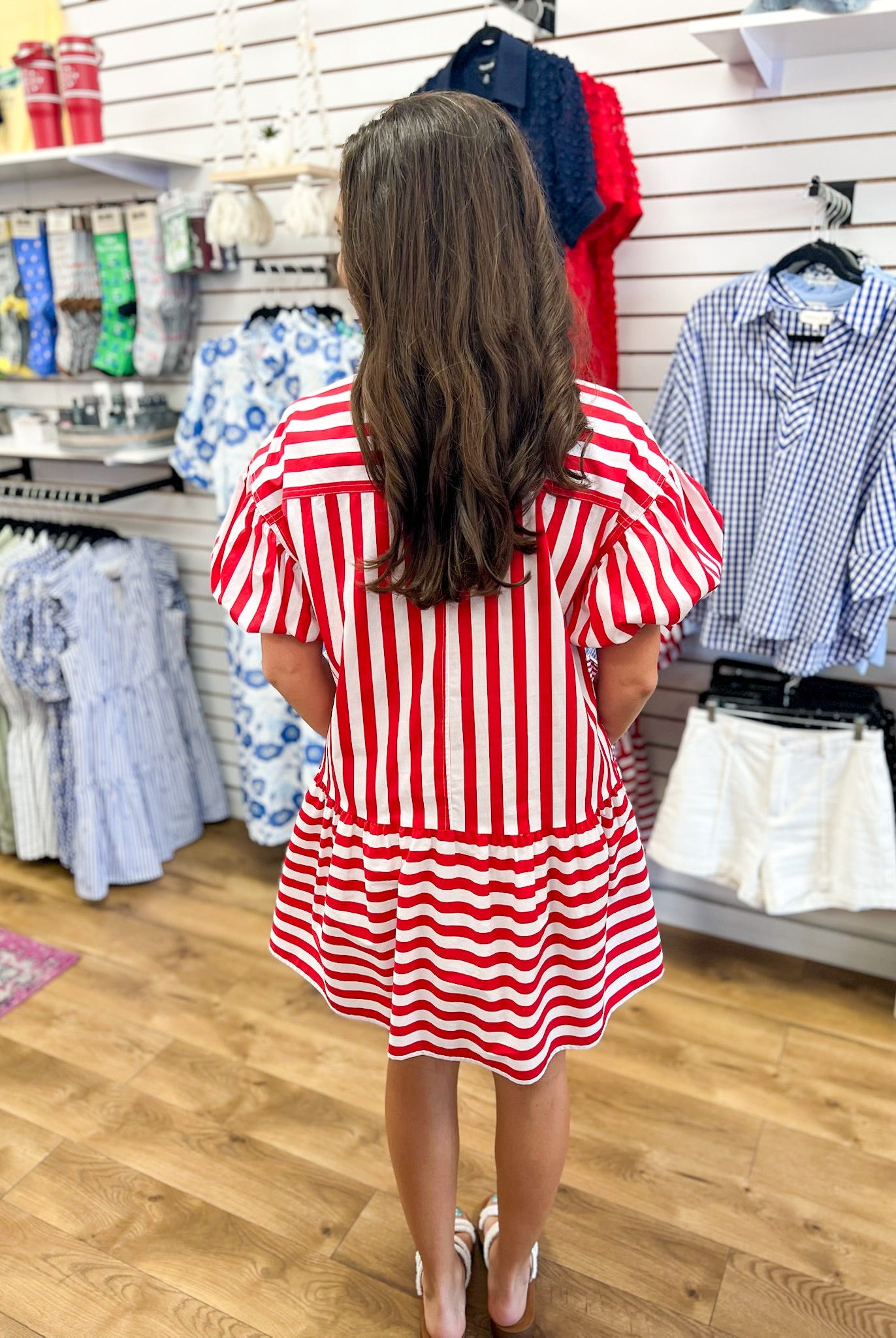 Red Striped Dress with Short Puff Sleeves - A'Bekah's Boutique