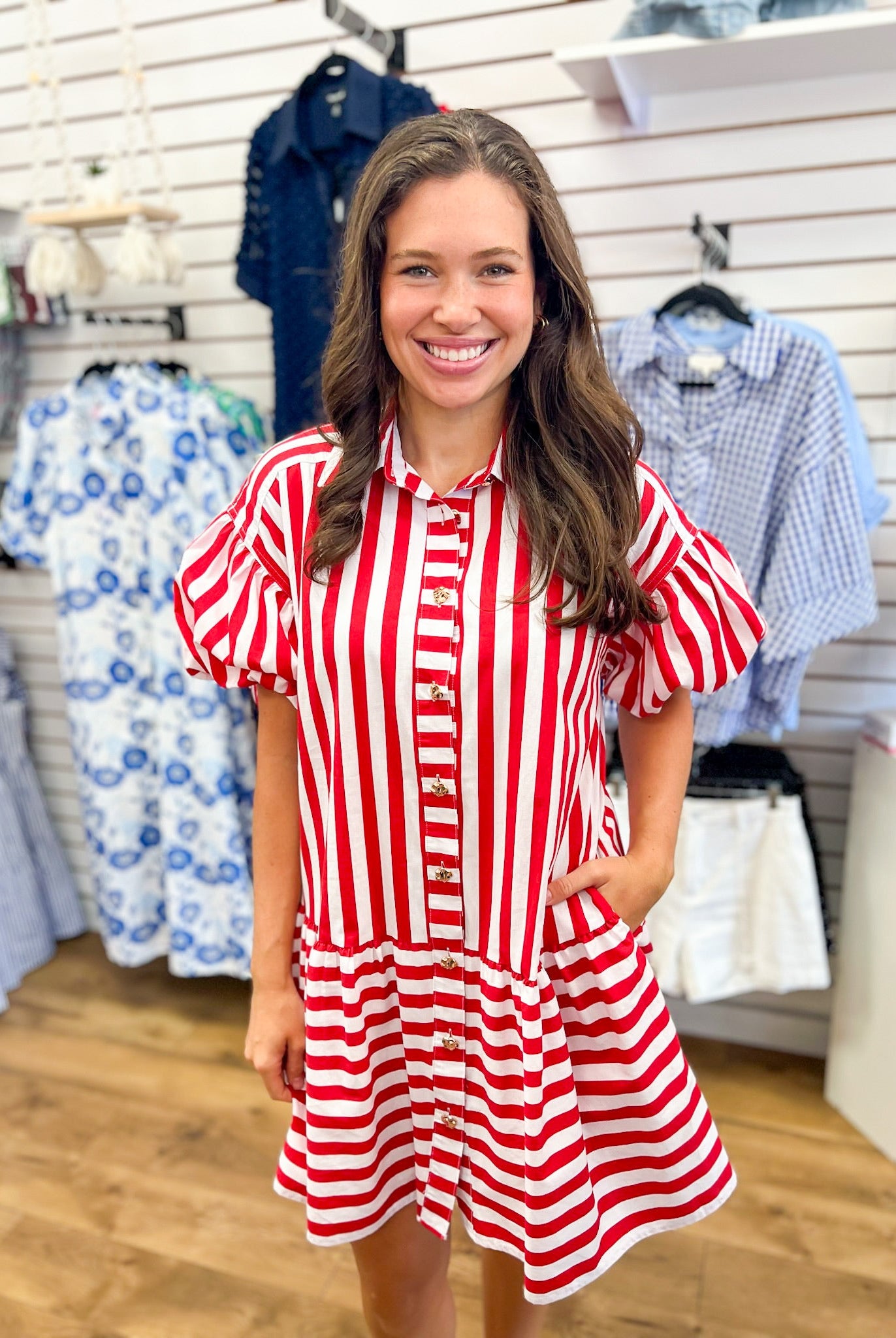 Red Striped Dress with Short Puff Sleeves - A'Bekah's Boutique