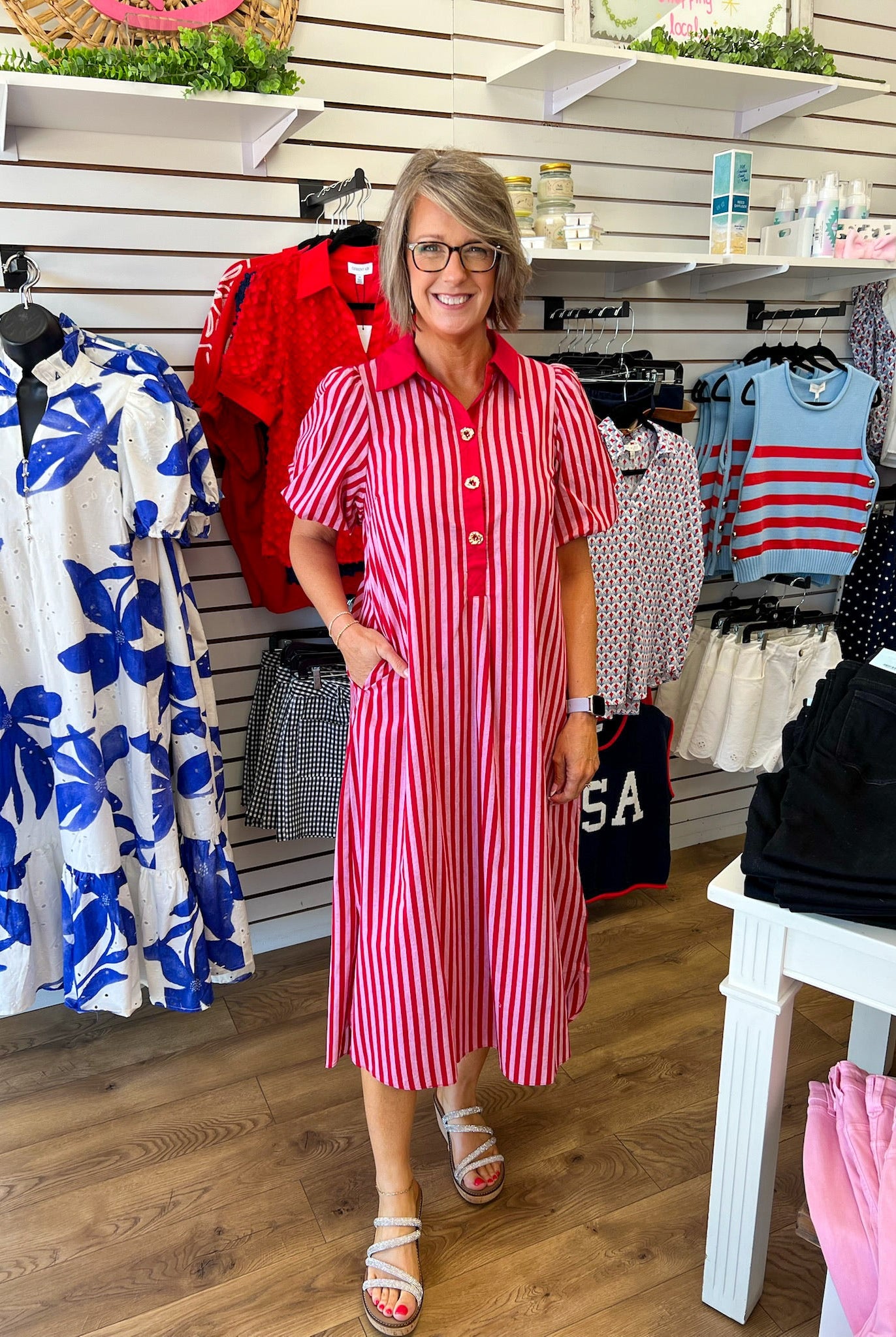 Red Striped Midi Dress with Short Puff Sleeves - A'Bekah's Boutique