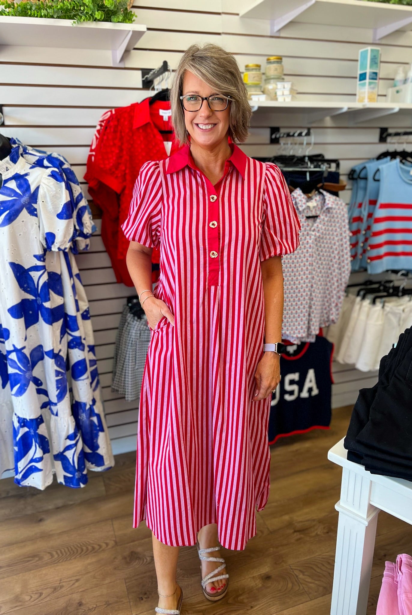 Red Striped Midi Dress with Short Puff Sleeves - A'Bekah's Boutique