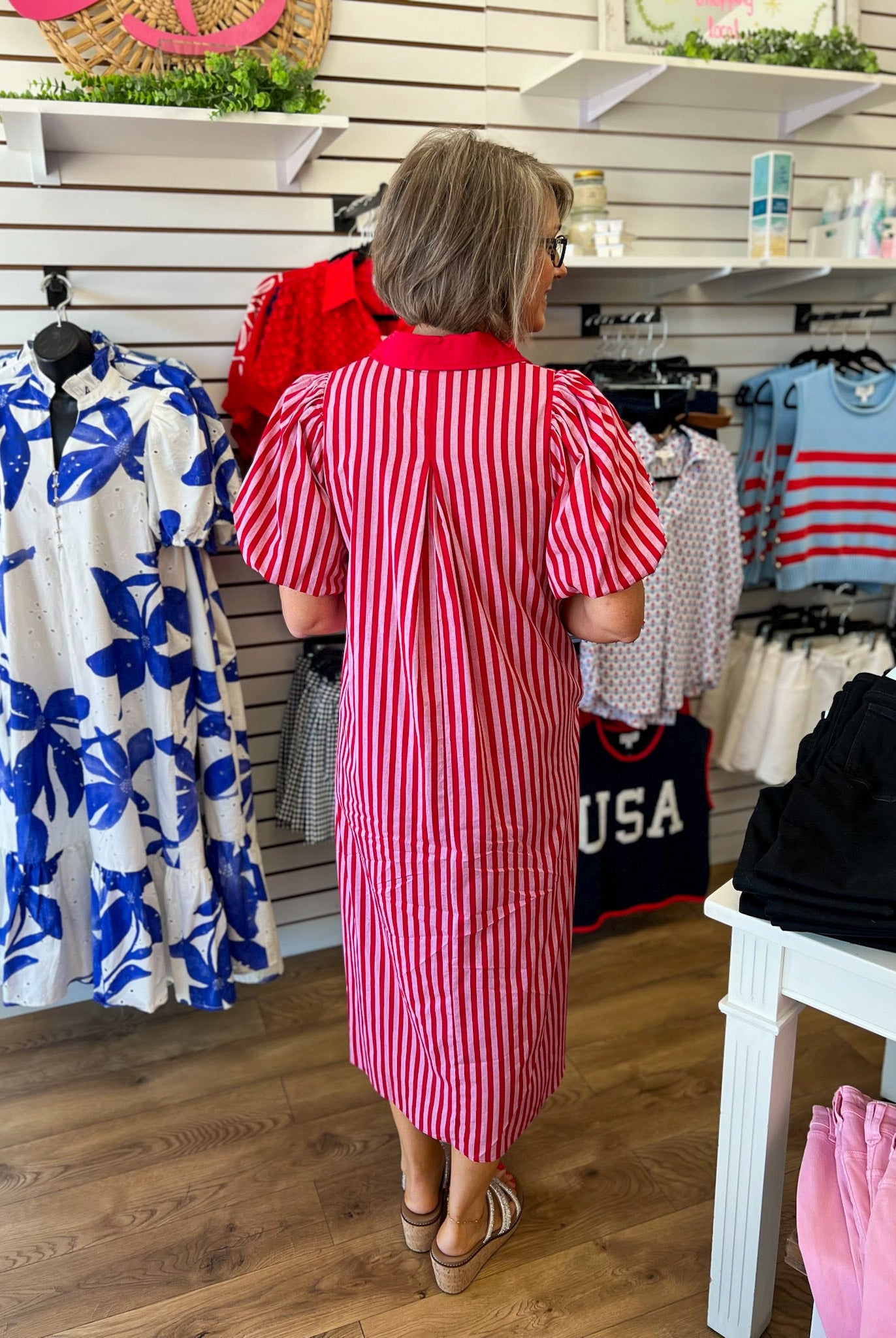 Red Striped Midi Dress with Short Puff Sleeves - A'Bekah's Boutique