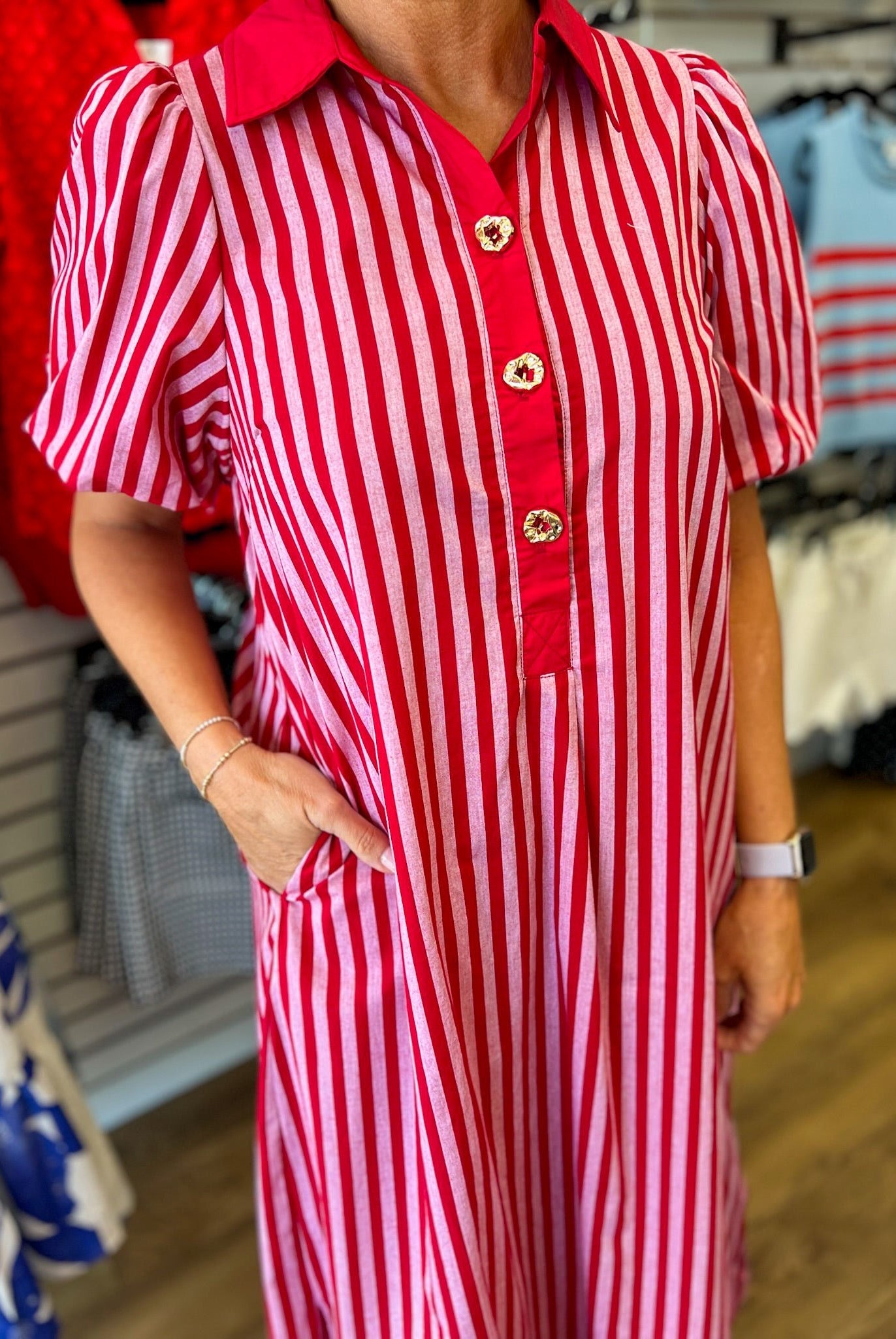Red Striped Midi Dress with Short Puff Sleeves - A'Bekah's Boutique