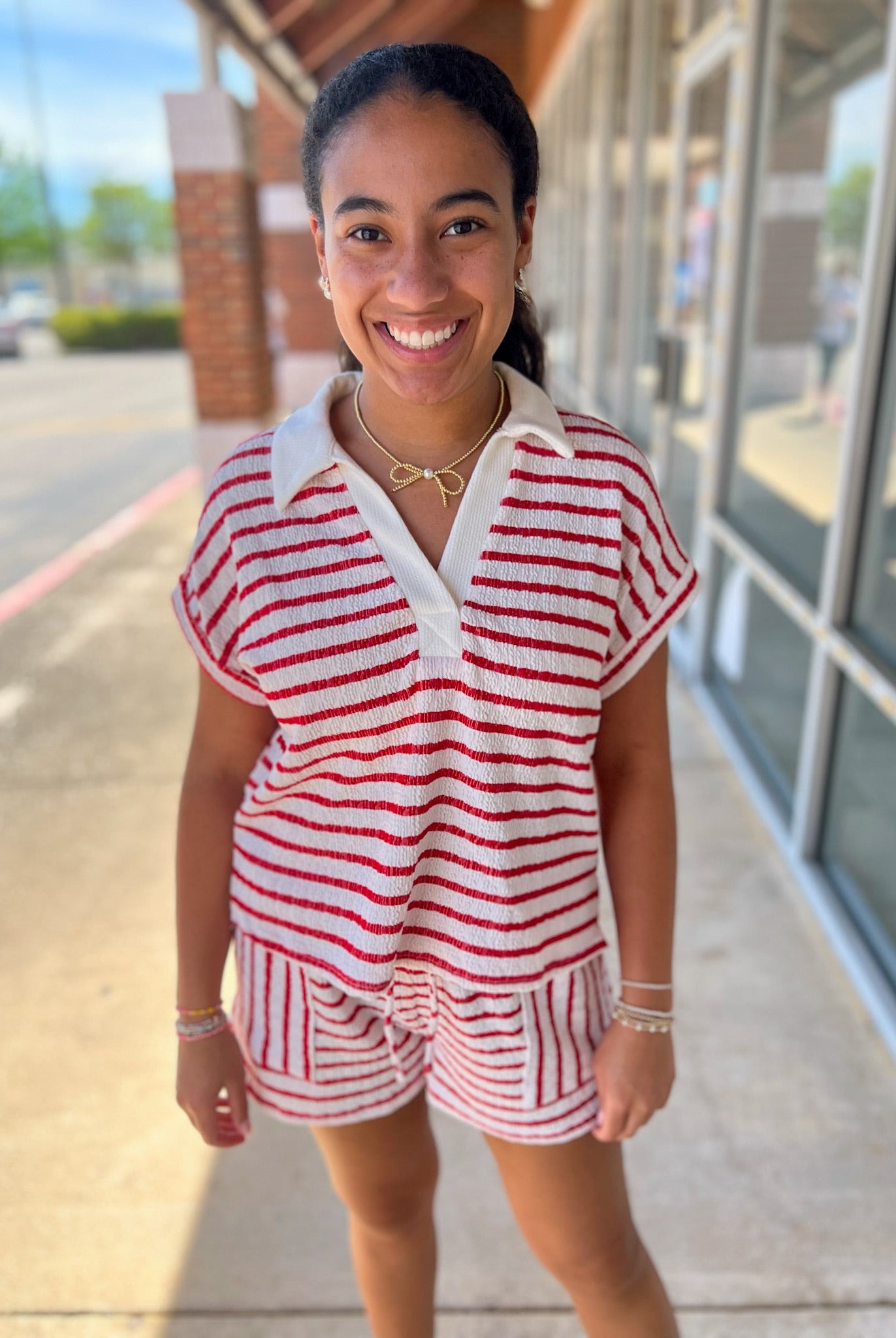 Red Striped Short Sleeve Short Set - A'Bekah's Boutique