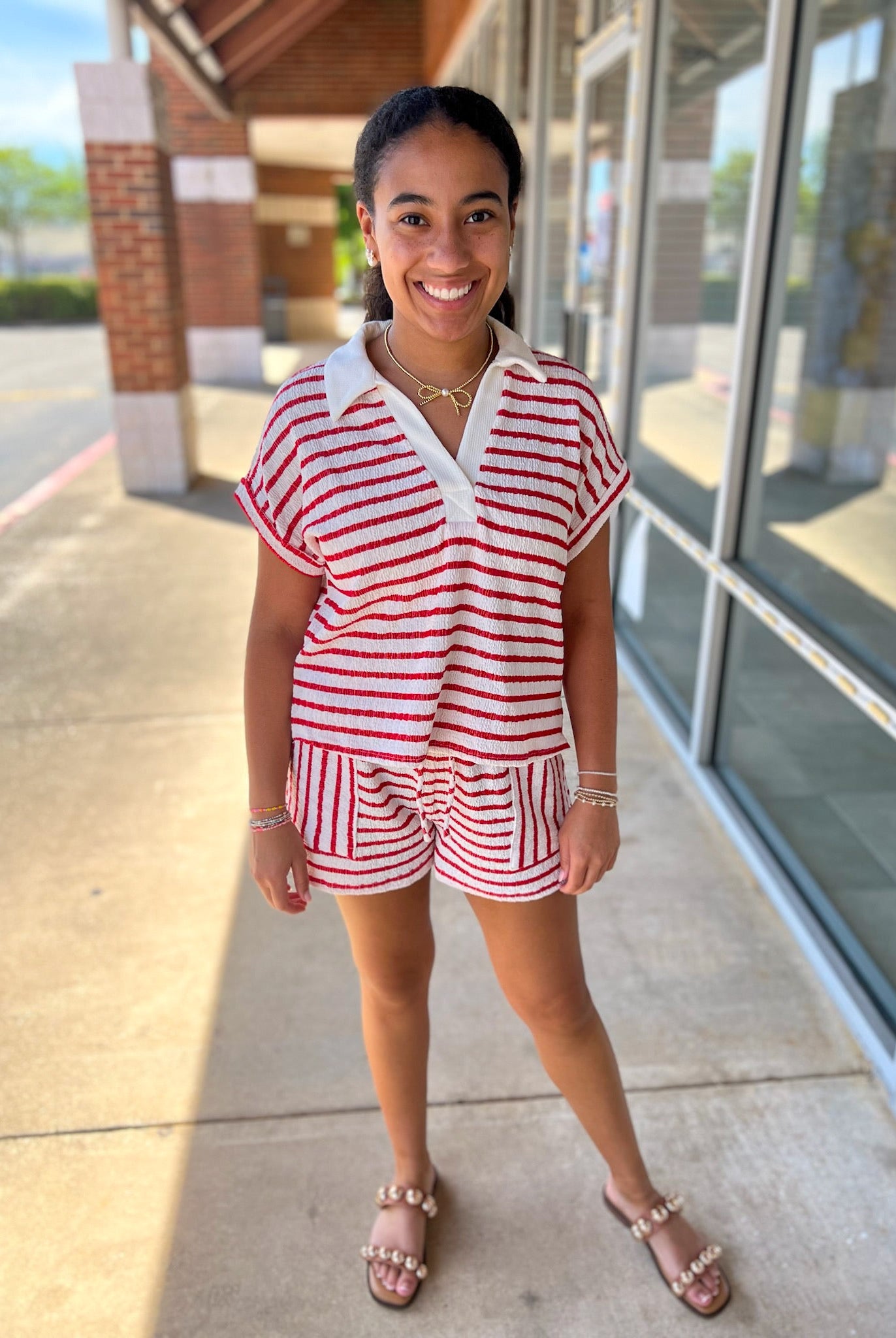 Red Striped Short Sleeve Short Set - A'Bekah's Boutique