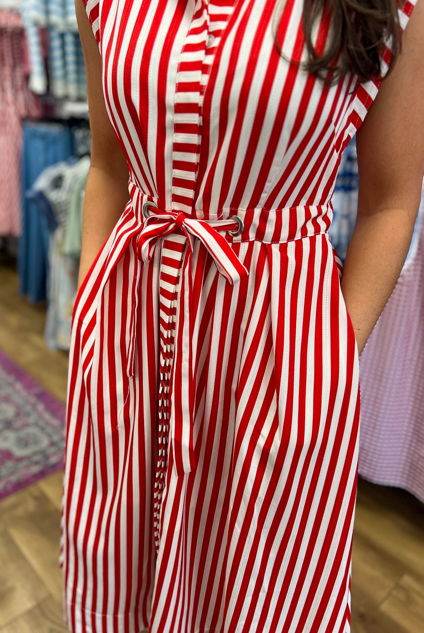 Red Striped Sleeveless Midi Dress with Waist Belt - A'Bekah's Boutique