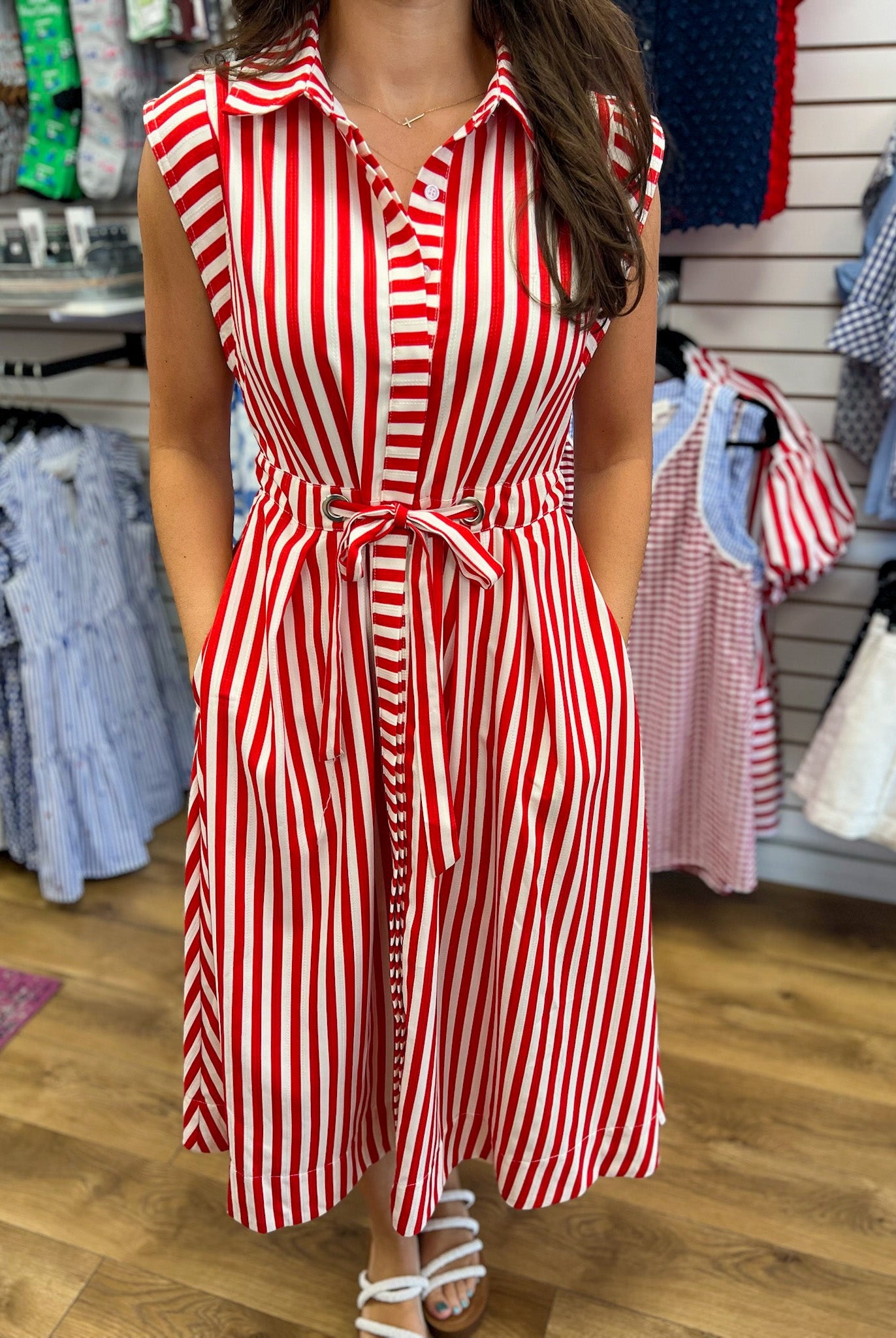 Red Striped Sleeveless Midi Dress with Waist Belt - A'Bekah's Boutique