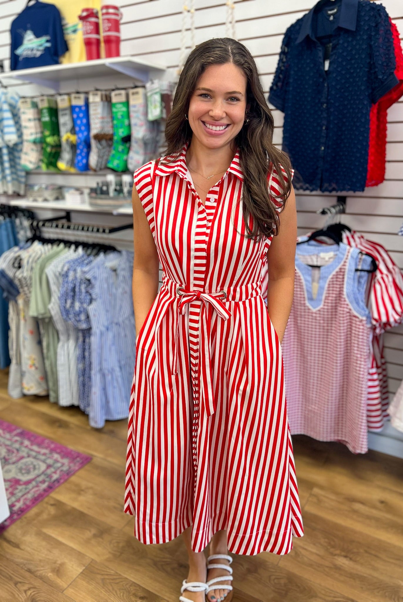 Red Striped Sleeveless Midi Dress with Waist Belt - A'Bekah's Boutique