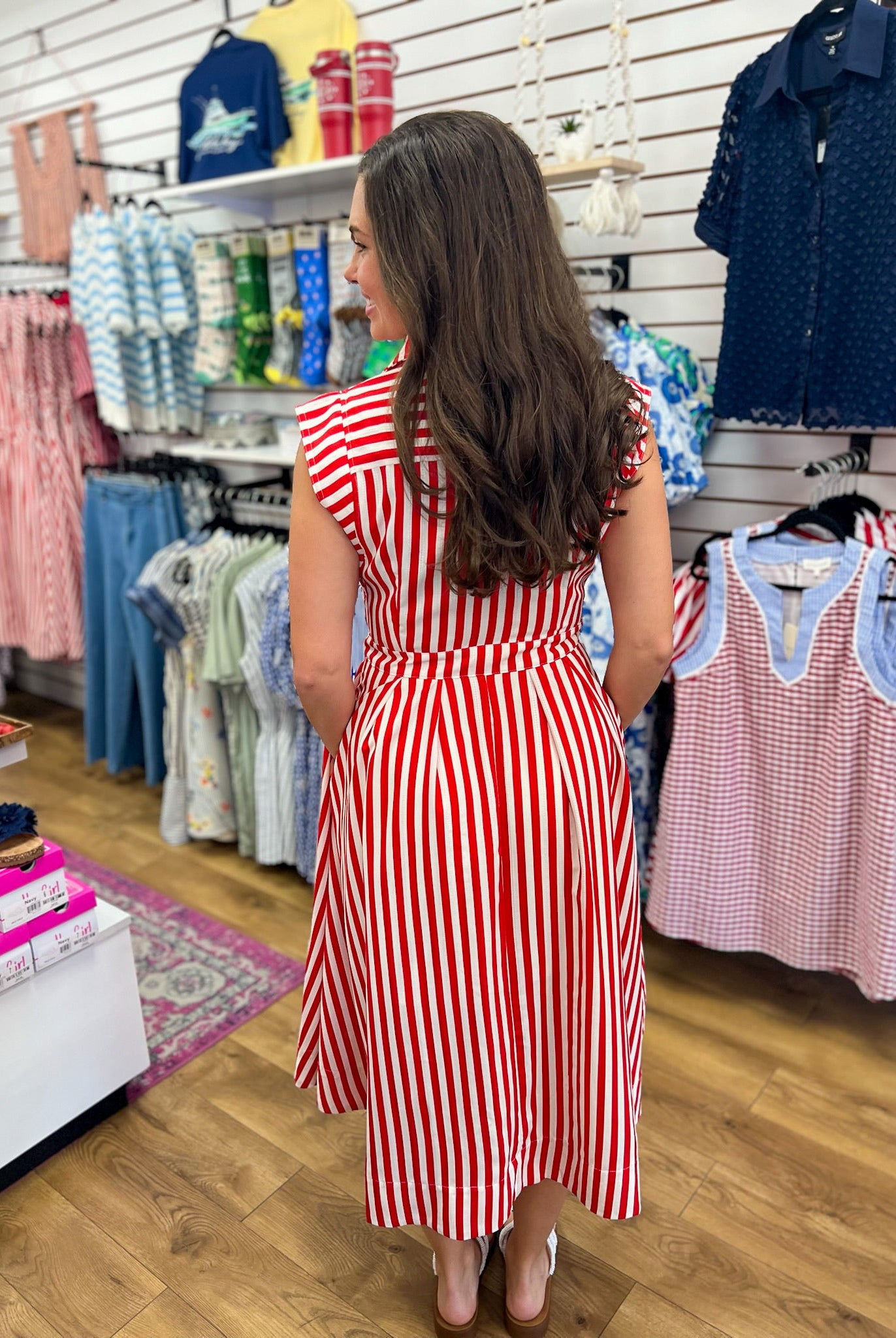 Red Striped Sleeveless Midi Dress with Waist Belt - A'Bekah's Boutique