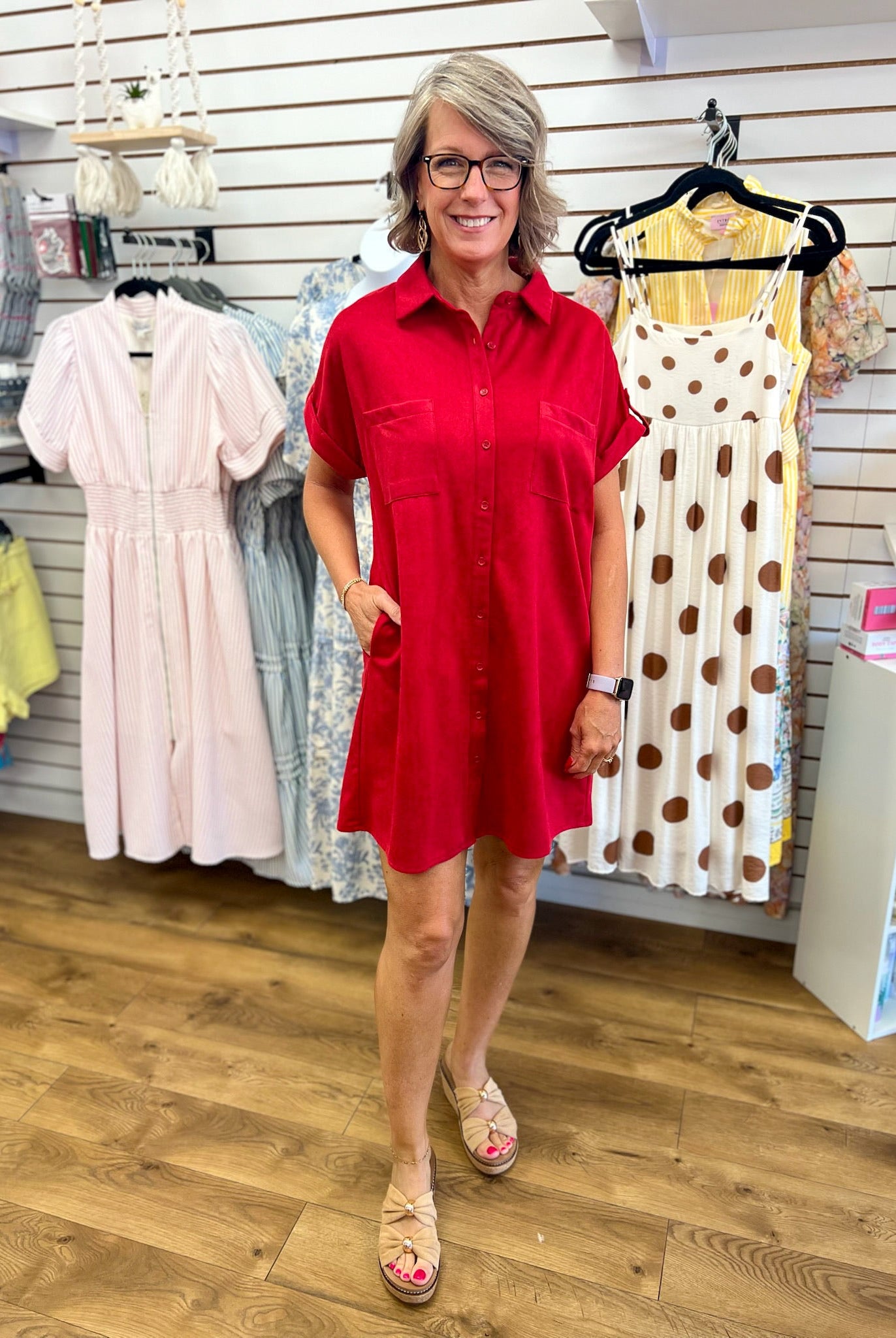 Red Suede Short Sleeve Shirt Dress with Pockets - A'Bekah's Boutique