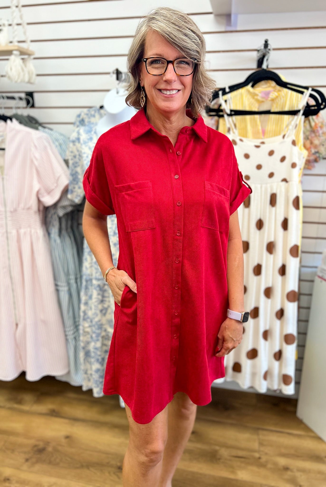 Red Suede Short Sleeve Shirt Dress with Pockets - A'Bekah's Boutique