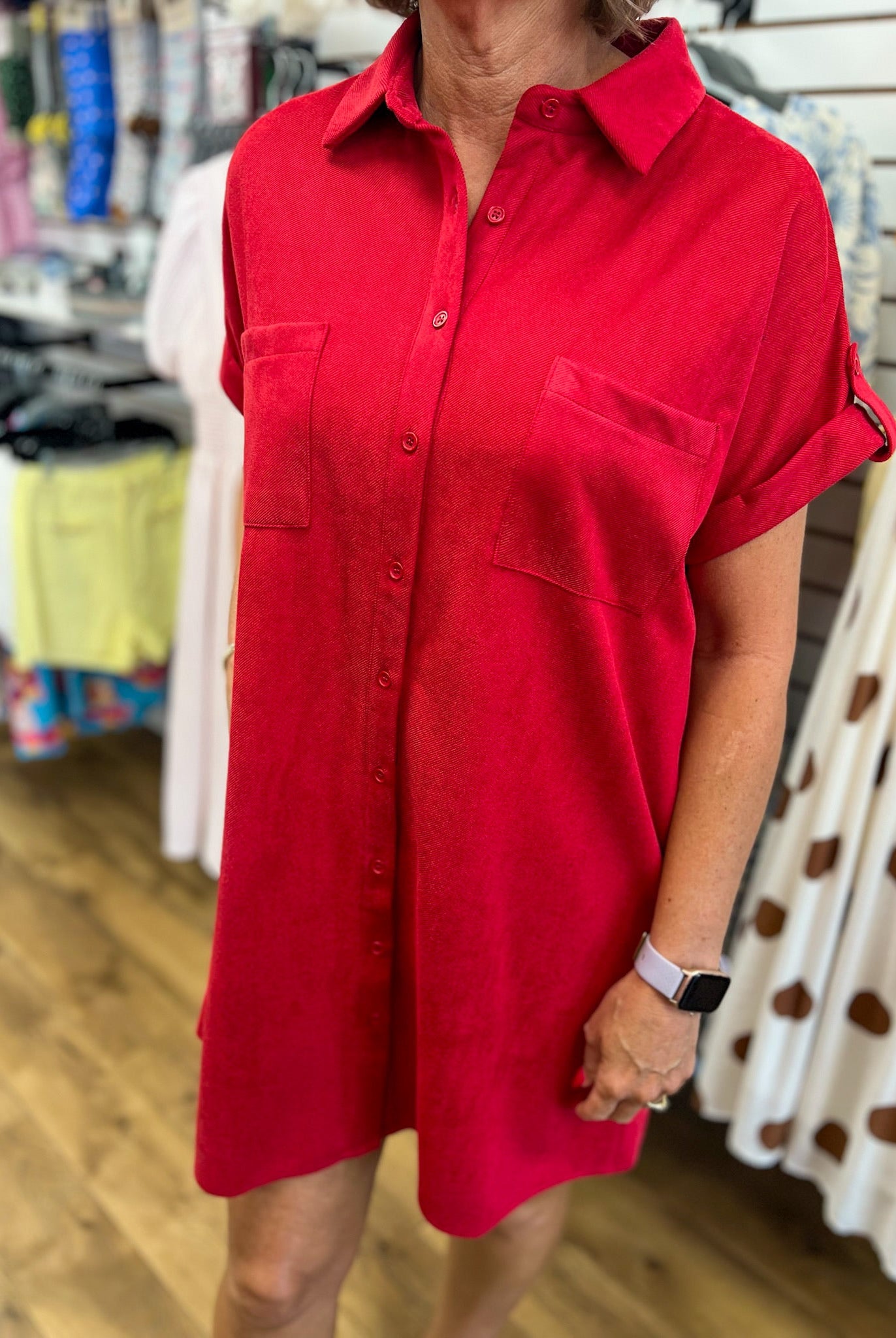 Red Suede Short Sleeve Shirt Dress with Pockets - A'Bekah's Boutique