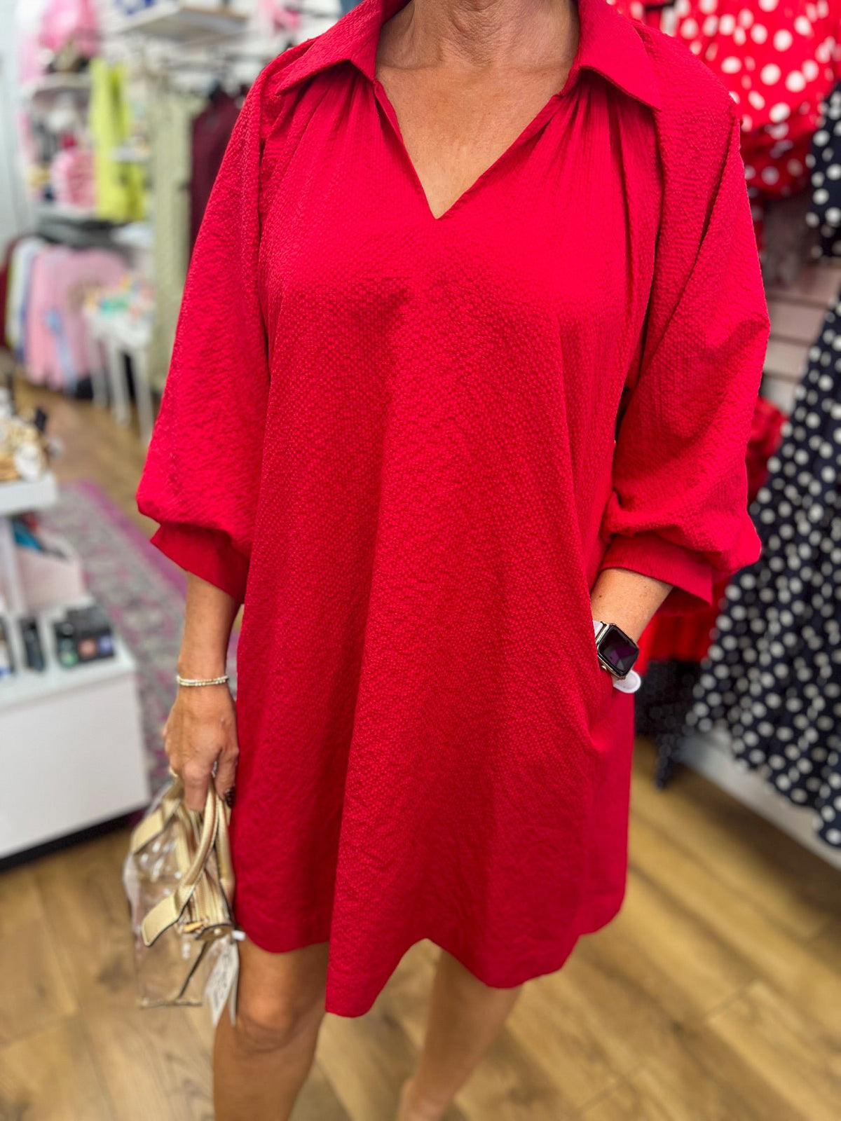 Red V-Neck 3/4 Bubble Sleeve Dress with Scalloped Hem - A'Bekah's Boutique