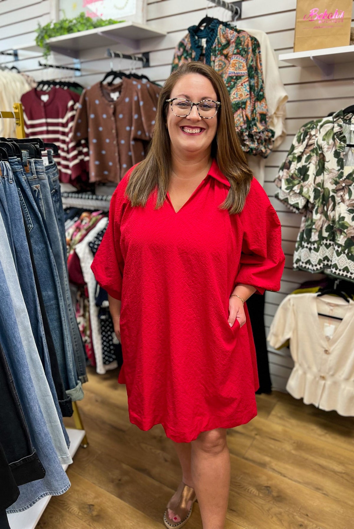 Red V-Neck 3/4 Bubble Sleeve Dress with Scalloped Hem - A'Bekah's Boutique