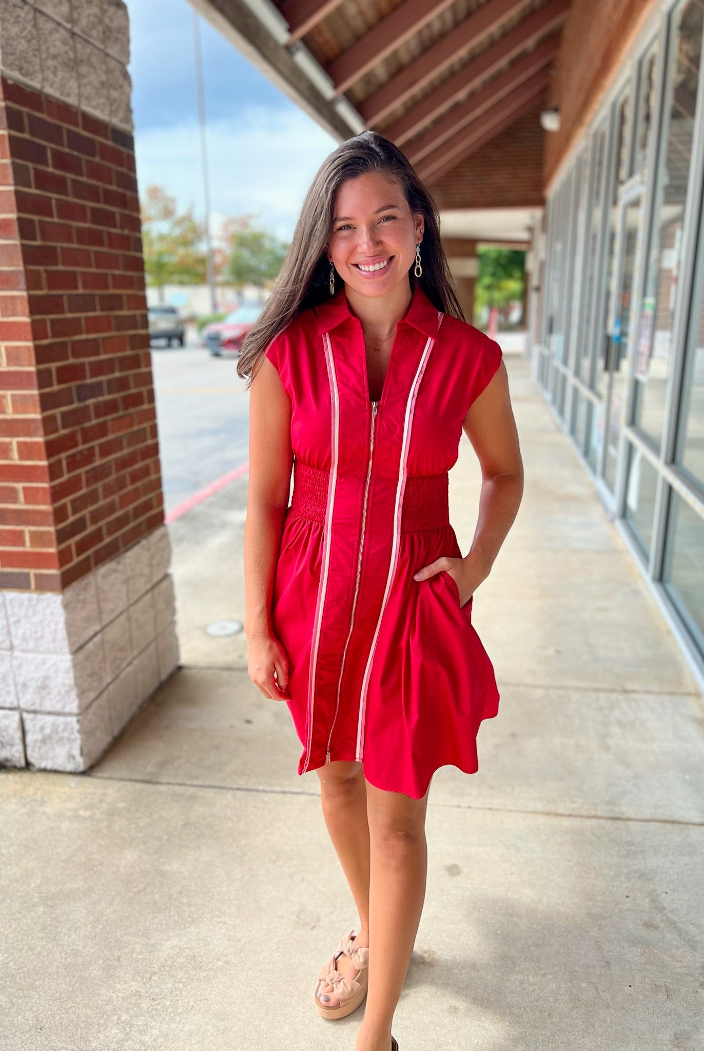Red Zip Front Dress with Smocked Waist and Contrast Piping - A'Bekah's Boutique