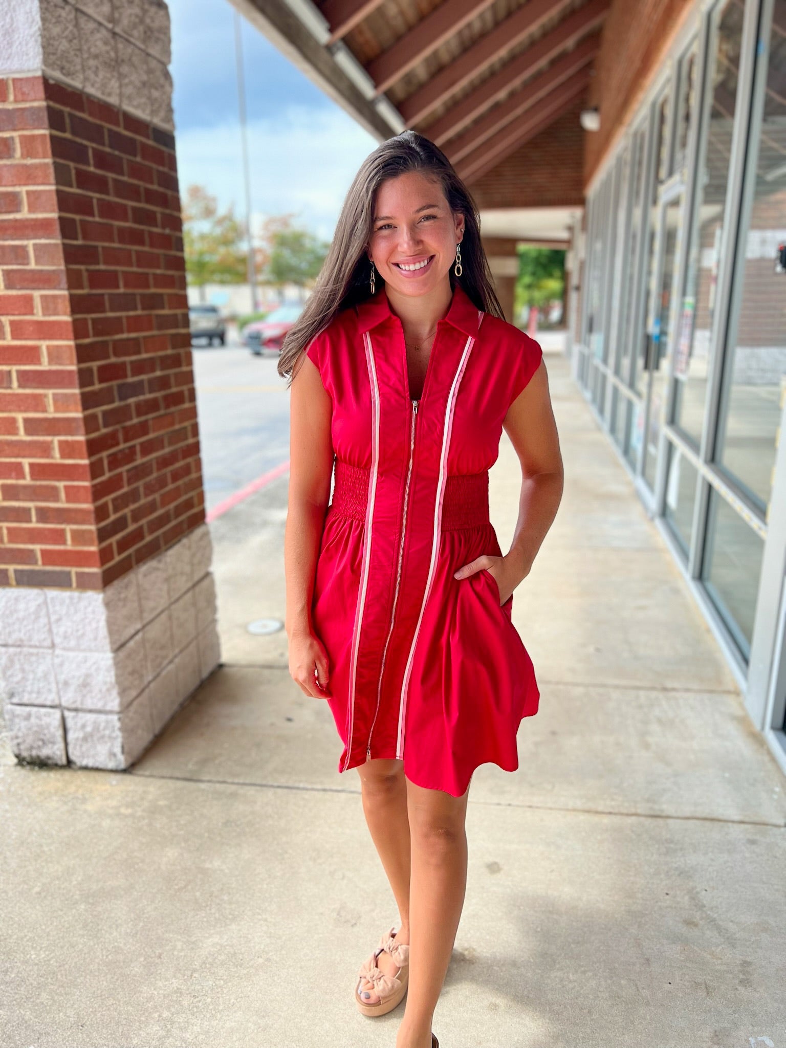 Red Zip Front Dress with Smocked Waist and Contrast Piping - A'Bekah's Boutique