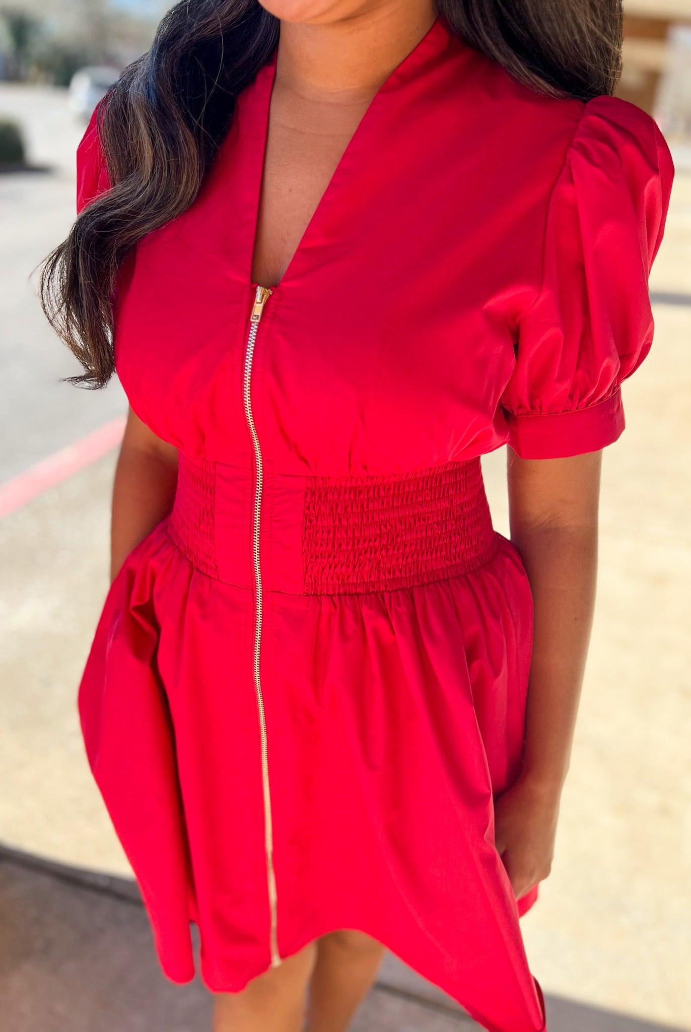Red Zip Front V - Neck Dress with Smocked Waist - A'Bekah's Boutique