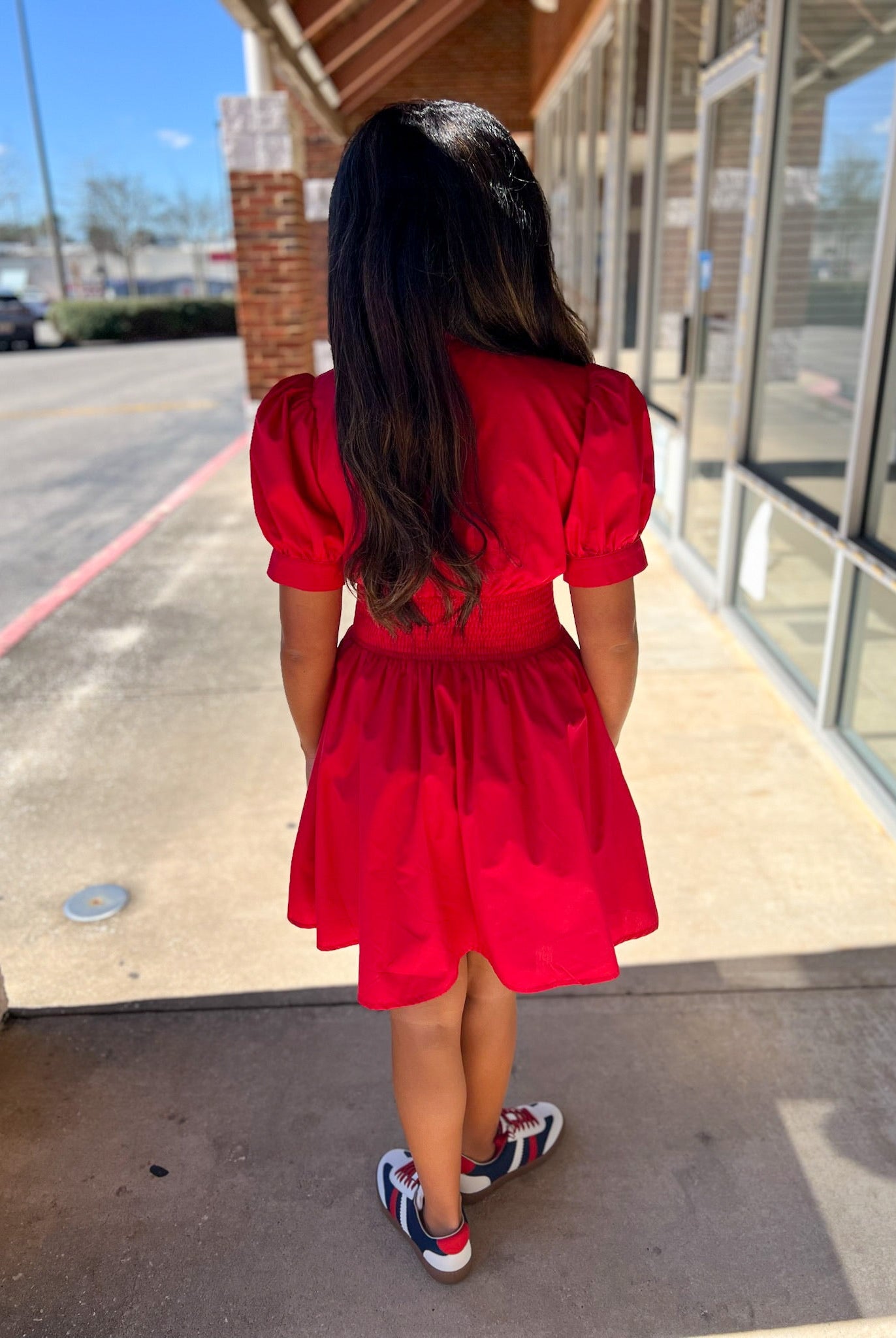 Red Zip Front V - Neck Dress with Smocked Waist - A'Bekah's Boutique