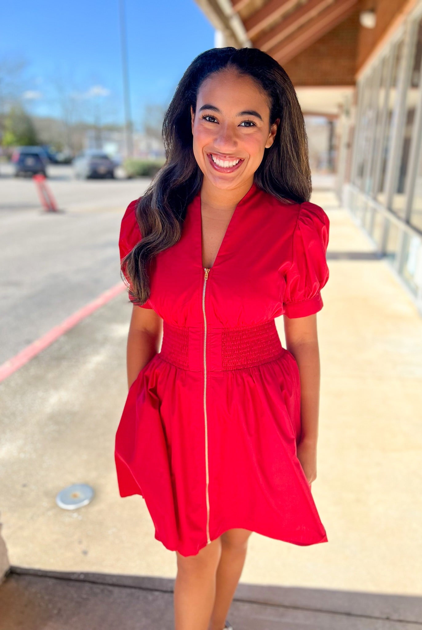 Red Zip Front V - Neck Dress with Smocked Waist - A'Bekah's Boutique