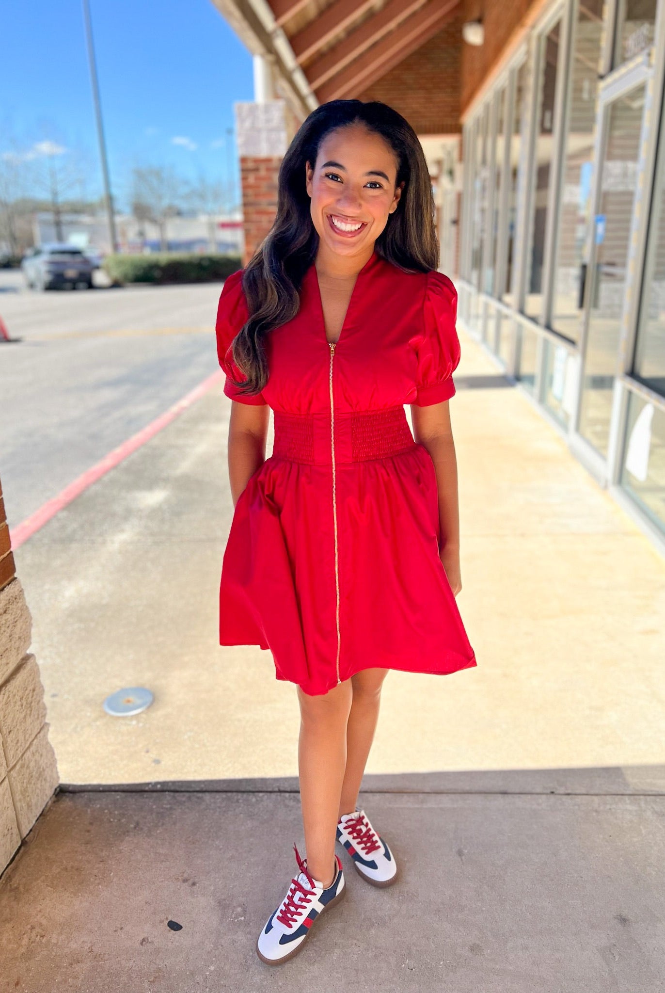 Red Zip Front V - Neck Dress with Smocked Waist - A'Bekah's Boutique