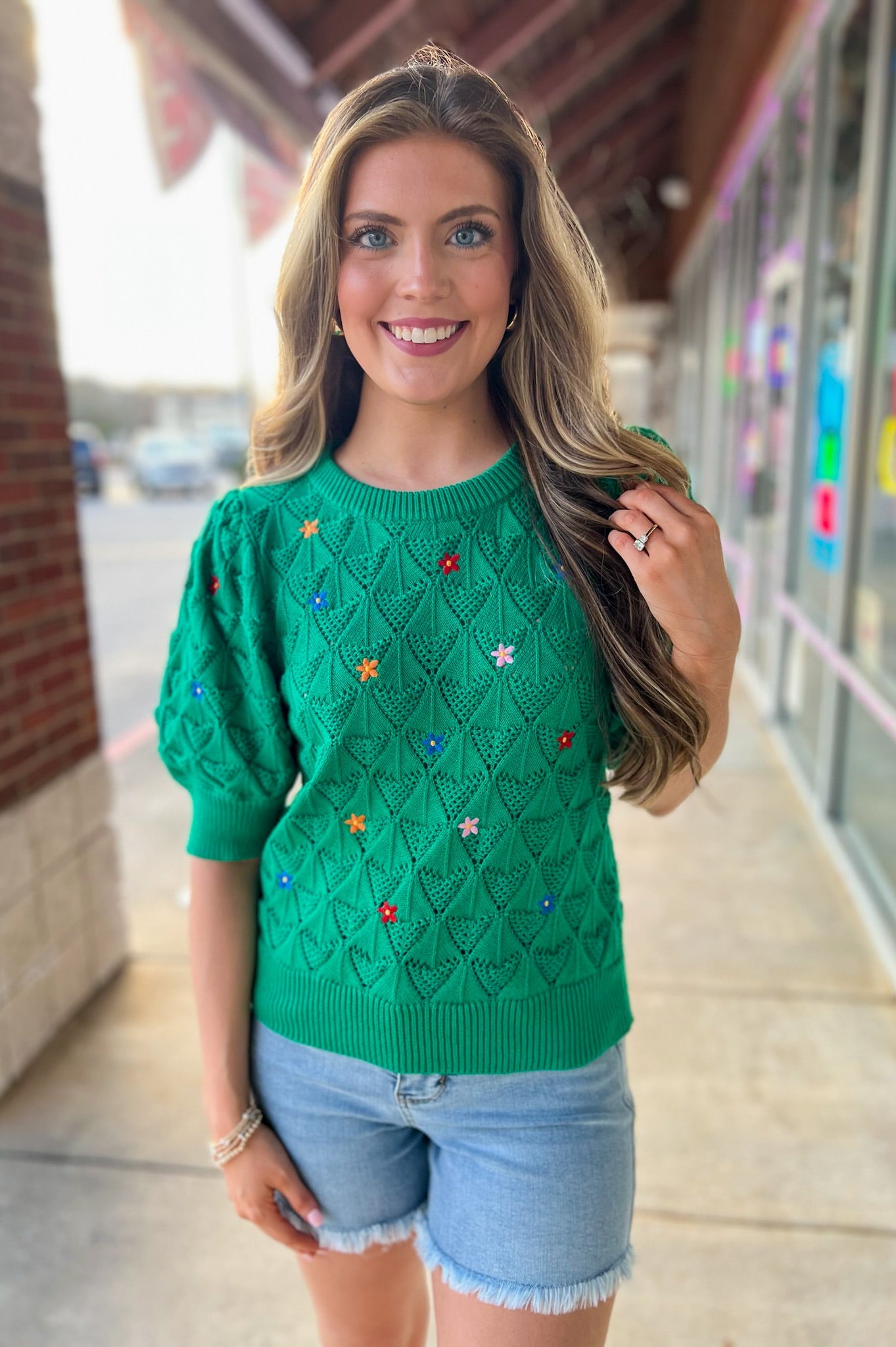 Release Me Green Short Sleeve Sweater with Floral Embroidery - A'Bekah's Boutique