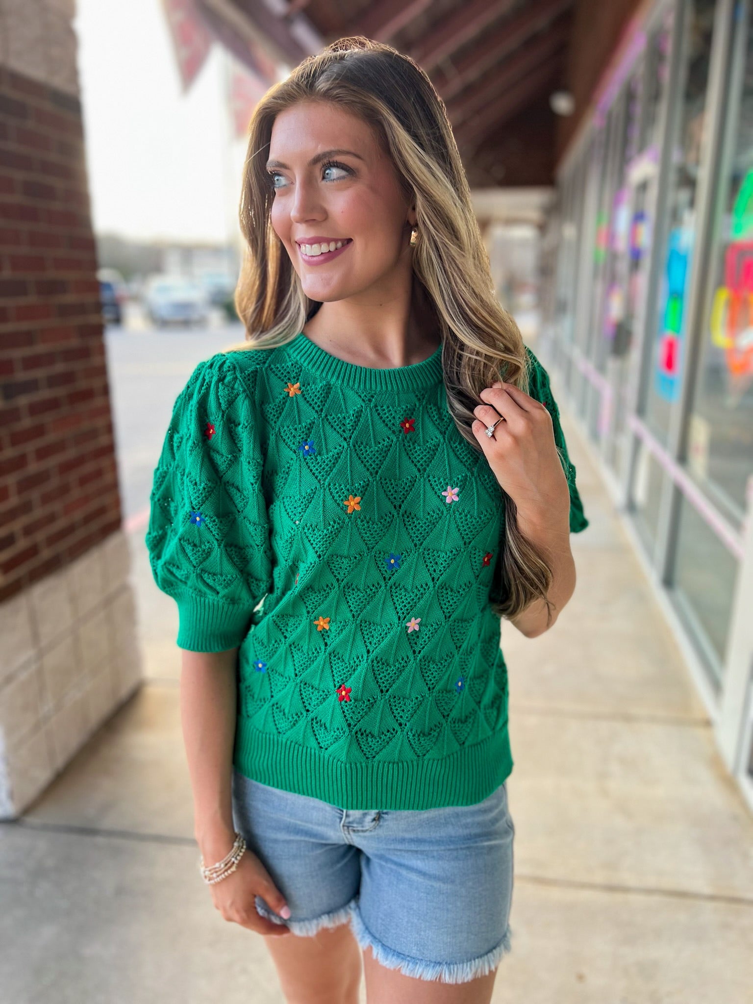 Release Me Green Short Sleeve Sweater with Floral Embroidery - A'Bekah's Boutique