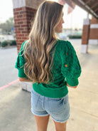 Release Me Green Short Sleeve Sweater with Floral Embroidery - A'Bekah's Boutique