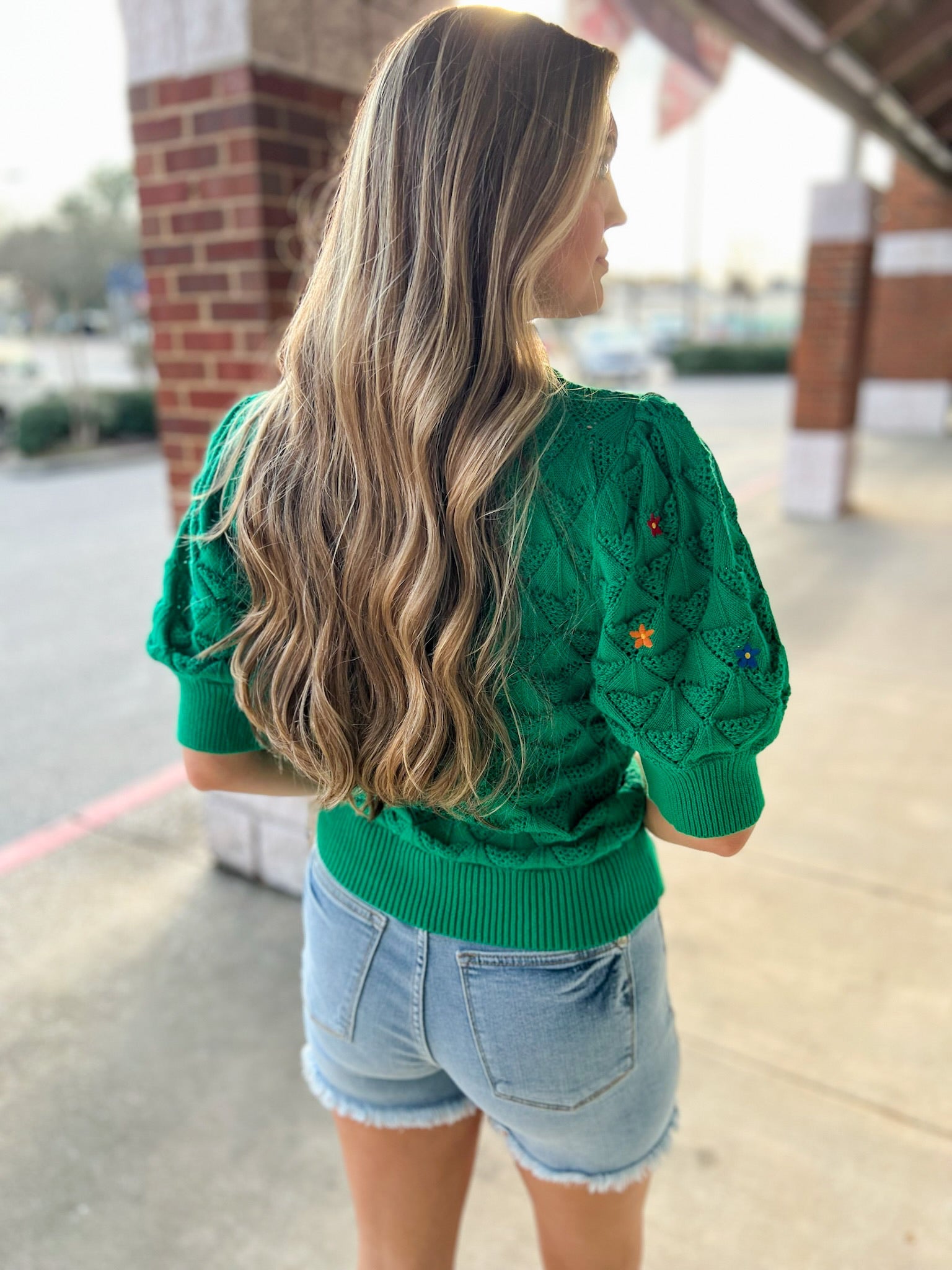 Release Me Green Short Sleeve Sweater with Floral Embroidery - A'Bekah's Boutique