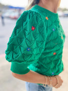 Release Me Green Short Sleeve Sweater with Floral Embroidery - A'Bekah's Boutique