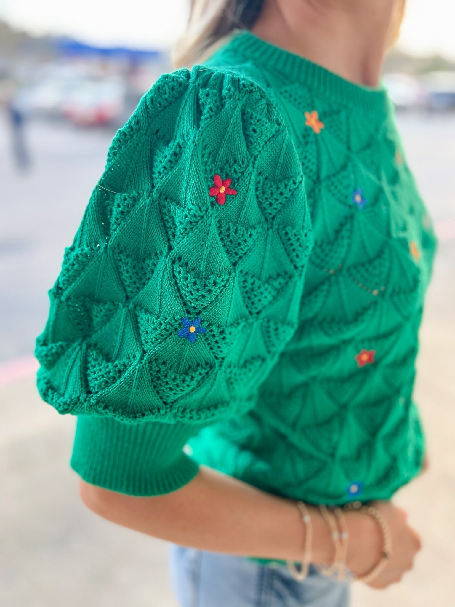 Release Me Green Short Sleeve Sweater with Floral Embroidery - A'Bekah's Boutique