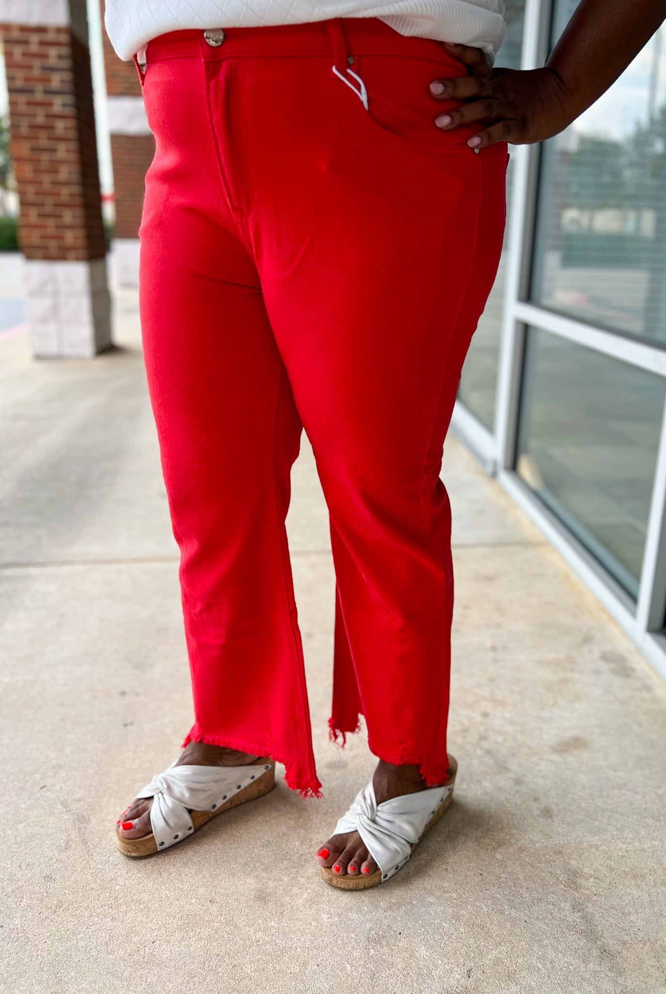 Risen Fiesta Curvy Red Mid Rise Cropped Flare Jeans with Raw Hem - A'Bekah's Boutique