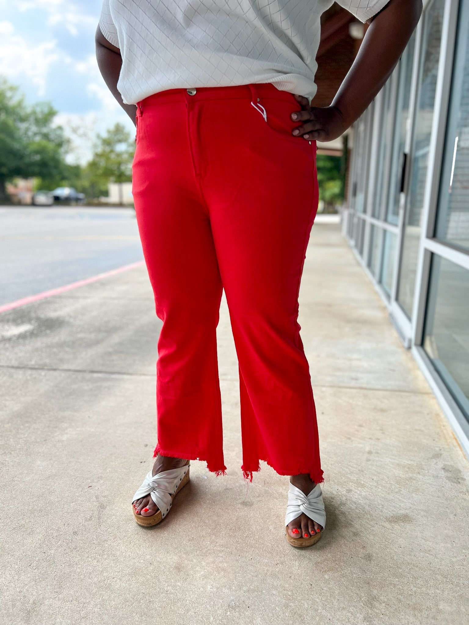 Risen Fiesta Curvy Red Mid Rise Cropped Flare Jeans with Raw Hem - A'Bekah's Boutique