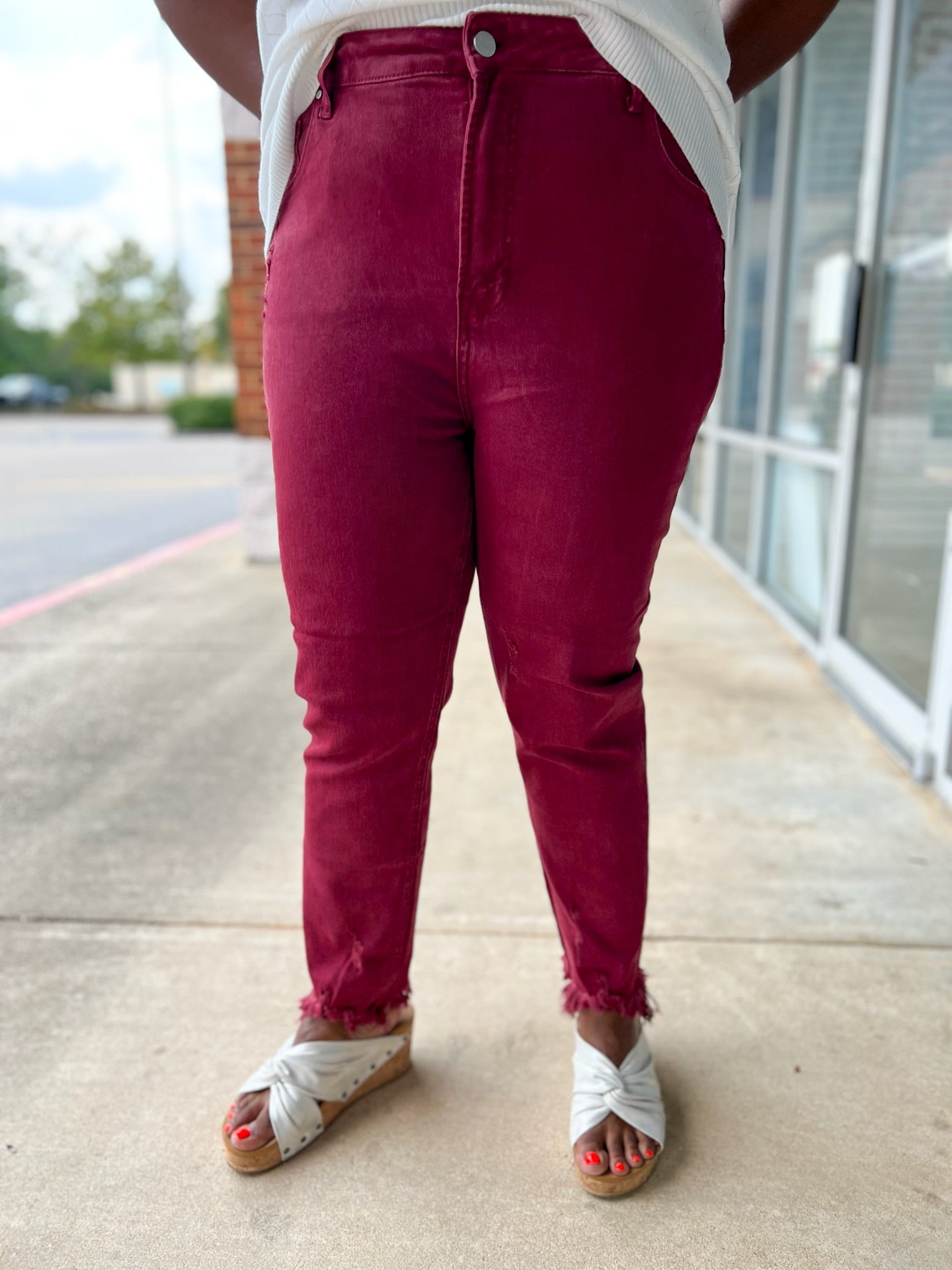 Risen Wine Curvy High Rise Raw Hem Skinny Jeans - A'Bekah's Boutique