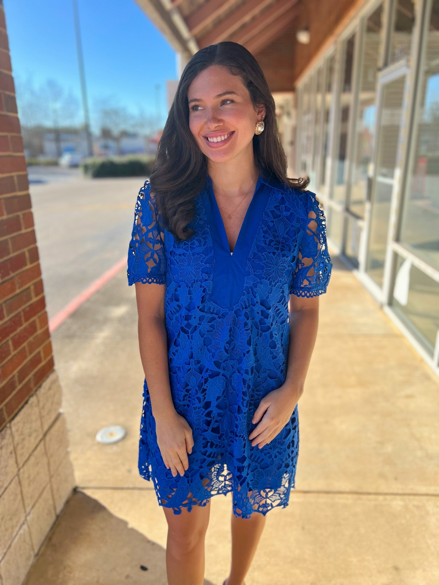 Royal Blue Dress with Lace Overlay and Short Puff Sleeves - A'Bekah's Boutique