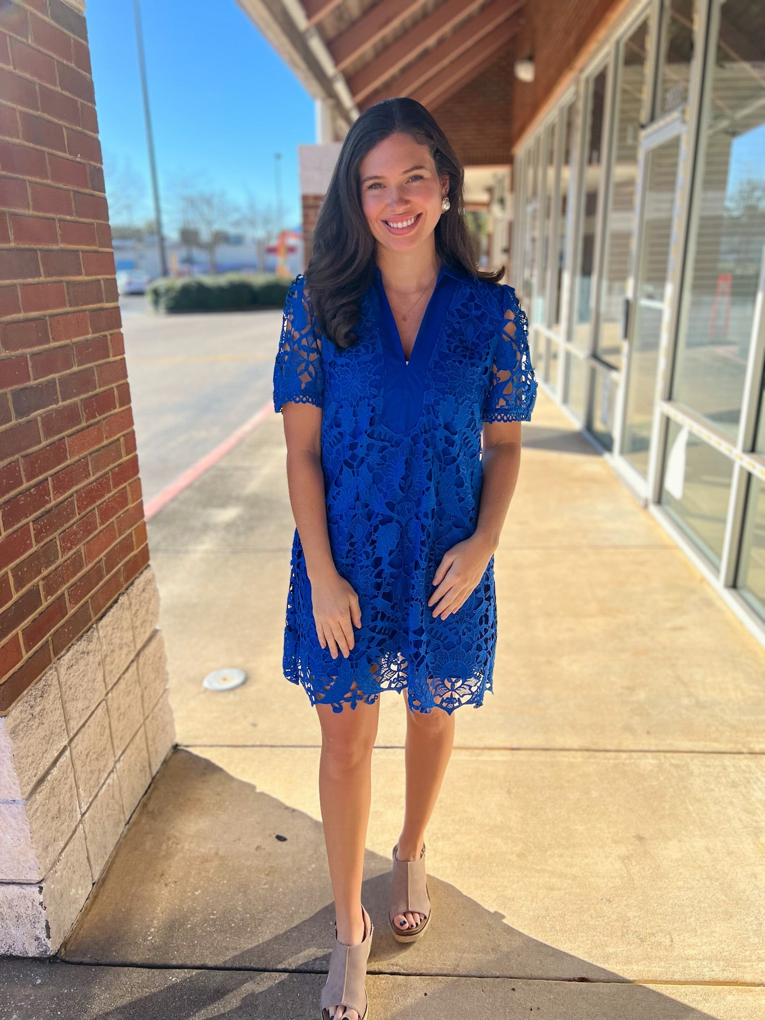 Royal Blue Dress with Lace Overlay and Short Puff Sleeves - A'Bekah's Boutique