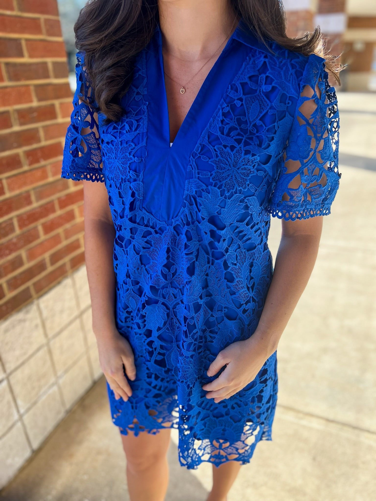 Royal Blue Dress with Lace Overlay and Short Puff Sleeves - A'Bekah's Boutique