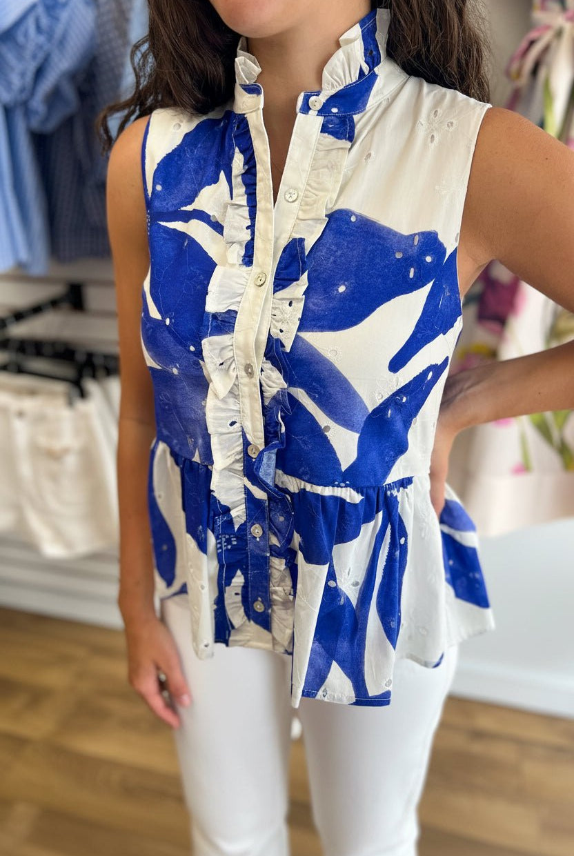 Royal Botanical Print Eyelet Peplum Top - A'Bekah's Boutique