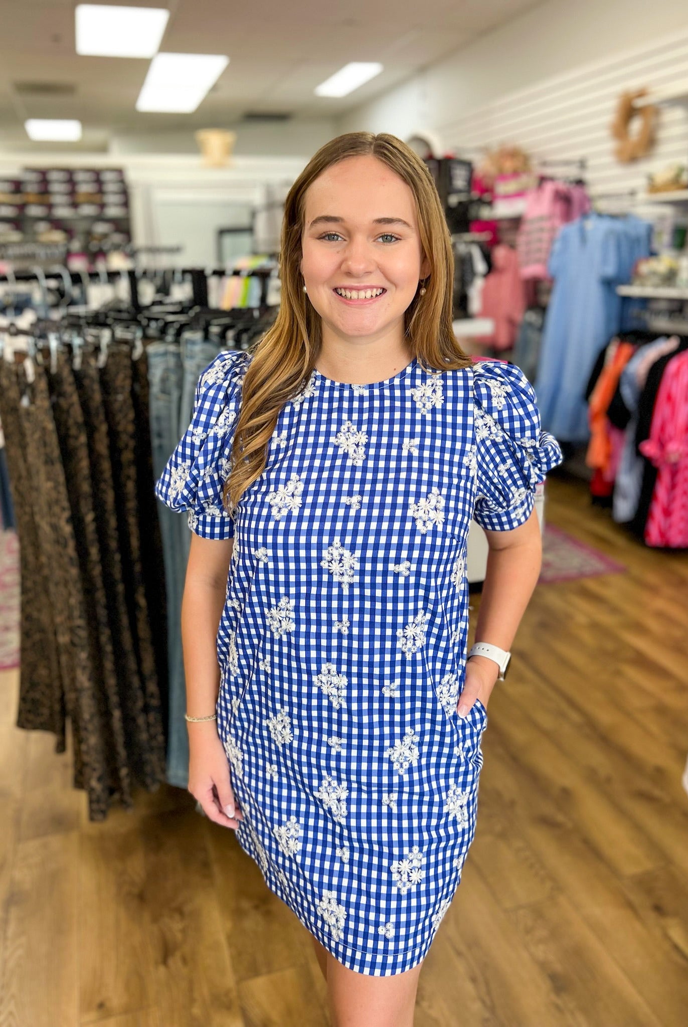 Royal Gingham Embroidered Floral Dress - A'Bekah's Boutique