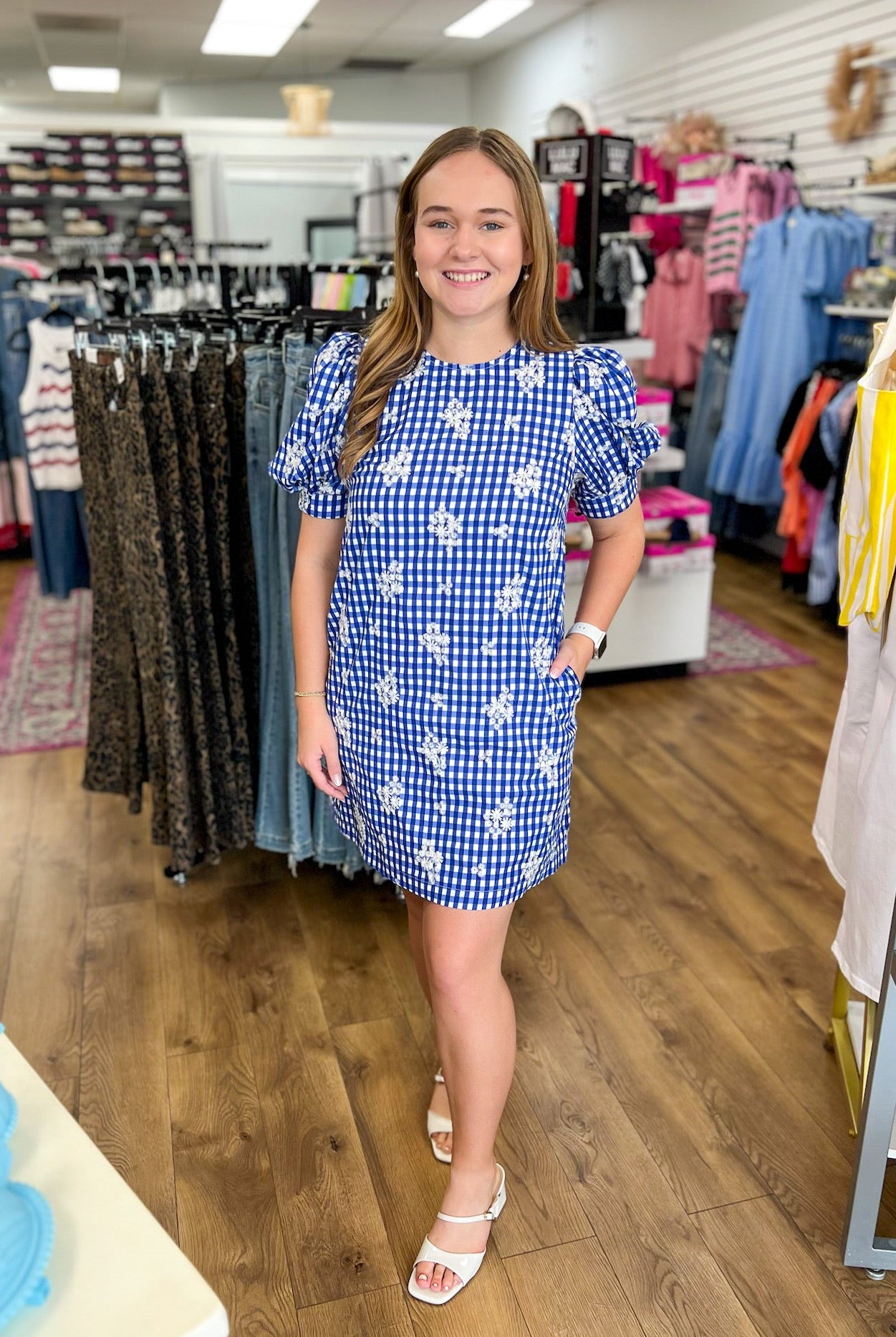 Royal Gingham Embroidered Floral Dress - A'Bekah's Boutique