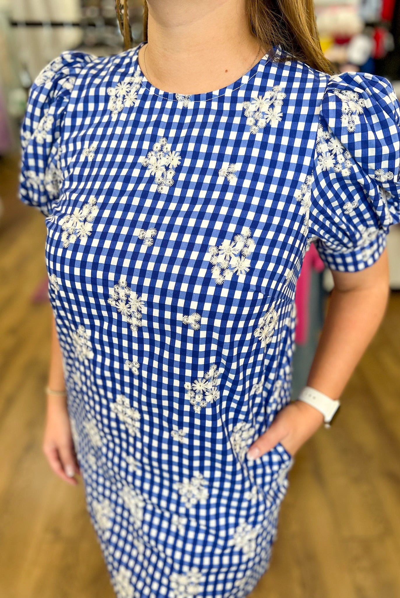 Royal Gingham Embroidered Floral Dress - A'Bekah's Boutique