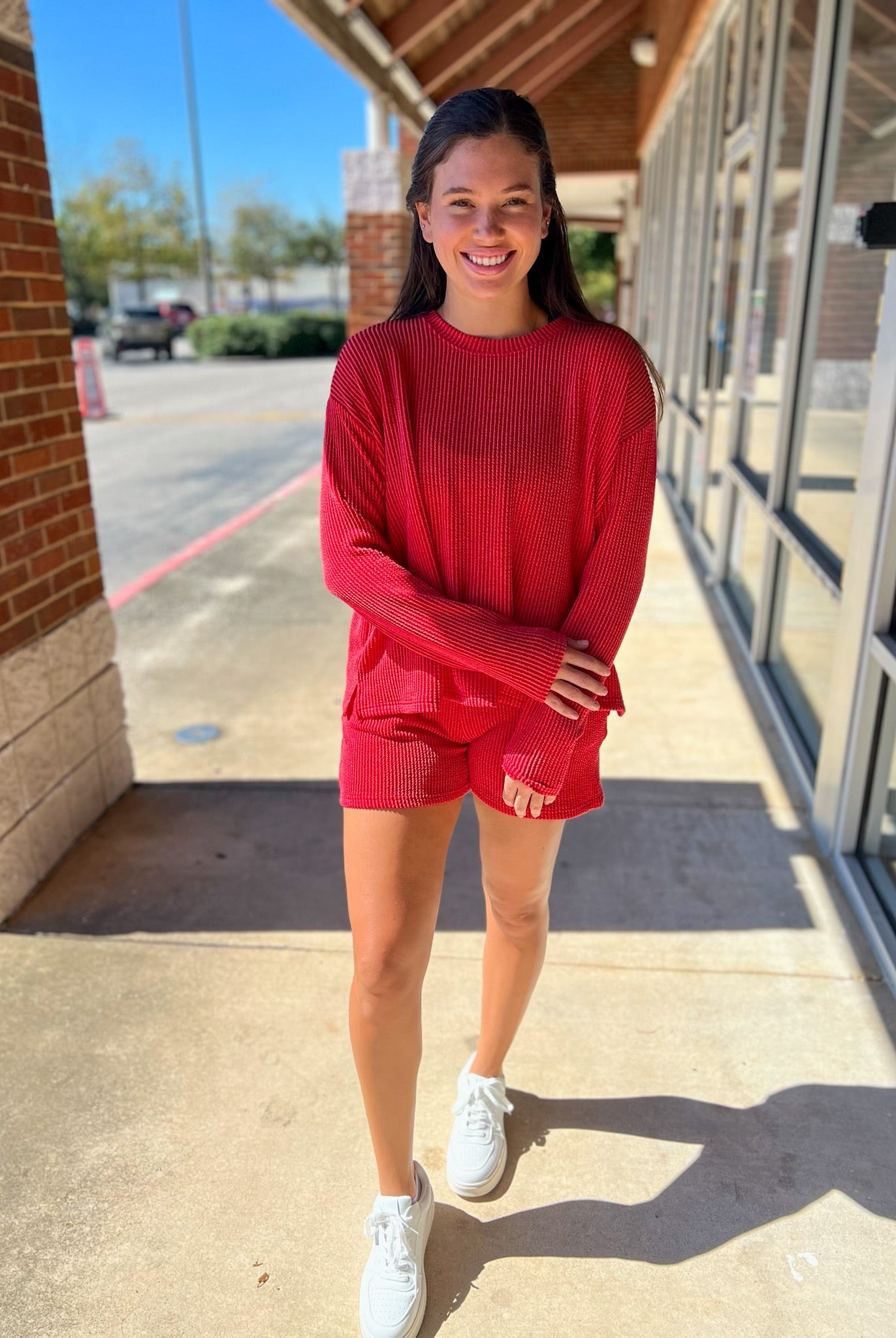 Ruby Red Long Sleeve Ribbed Short Set - A'Bekah's Boutique