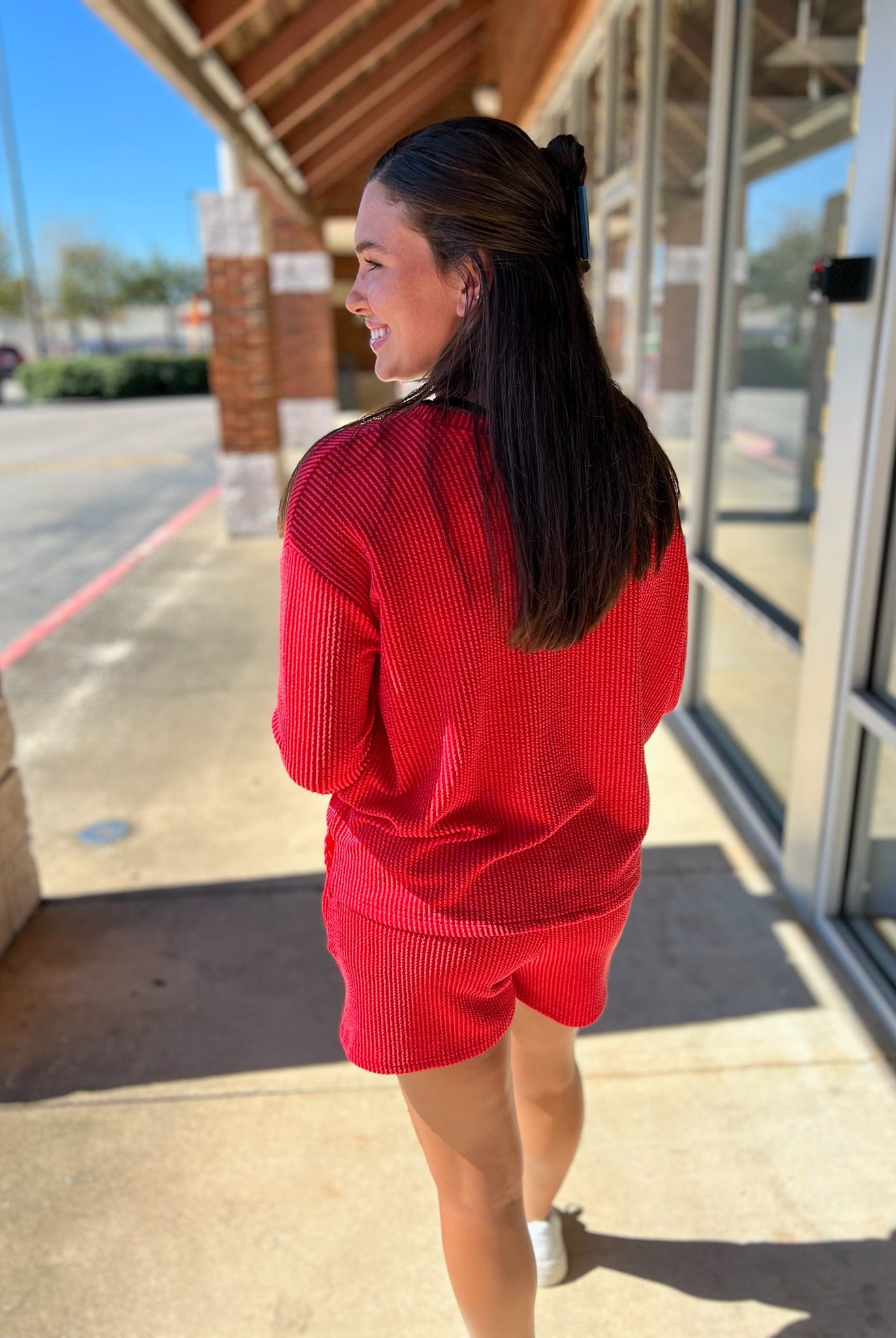 Ruby Red Long Sleeve Ribbed Short Set - A'Bekah's Boutique