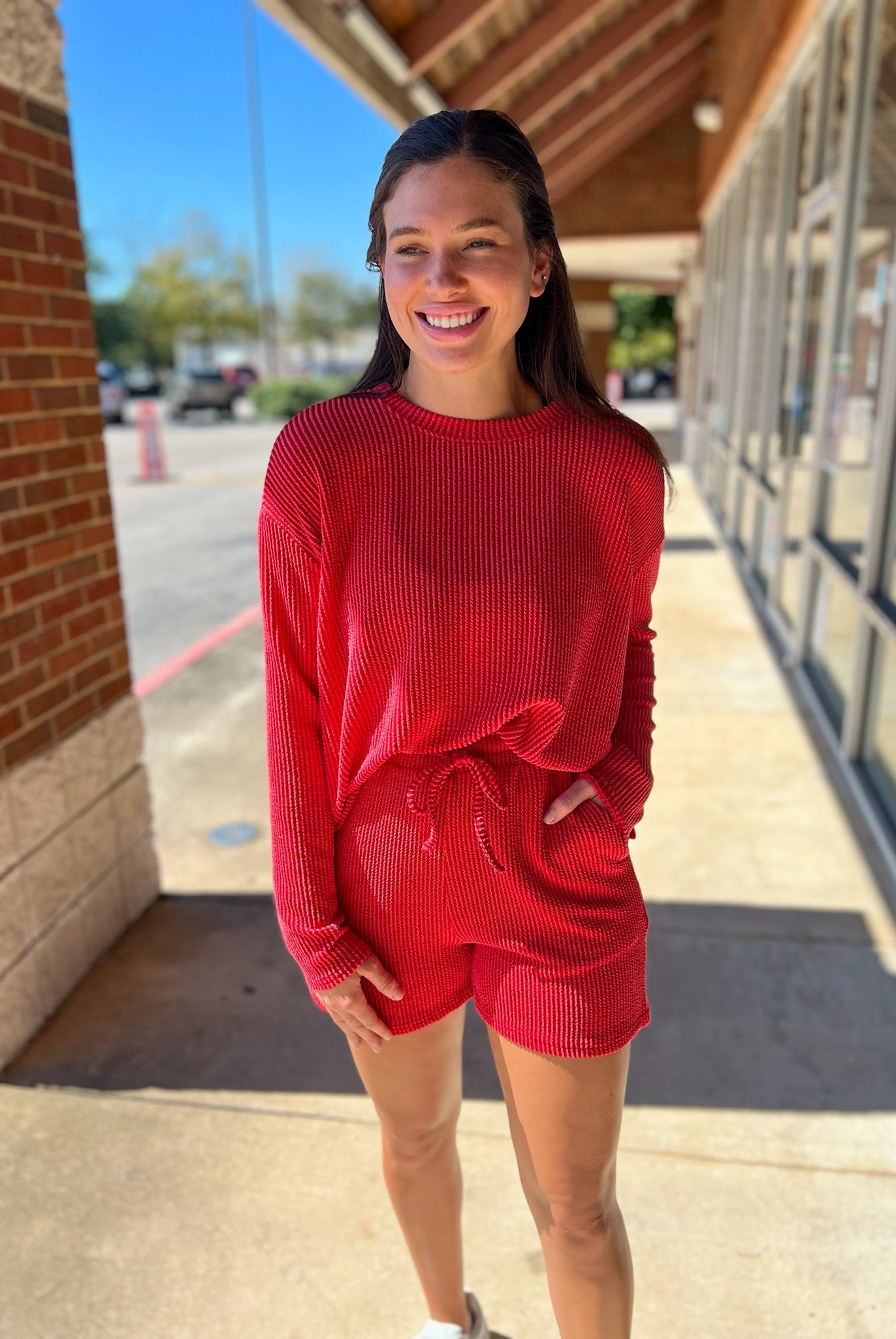 Ruby Red Long Sleeve Ribbed Short Set - A'Bekah's Boutique