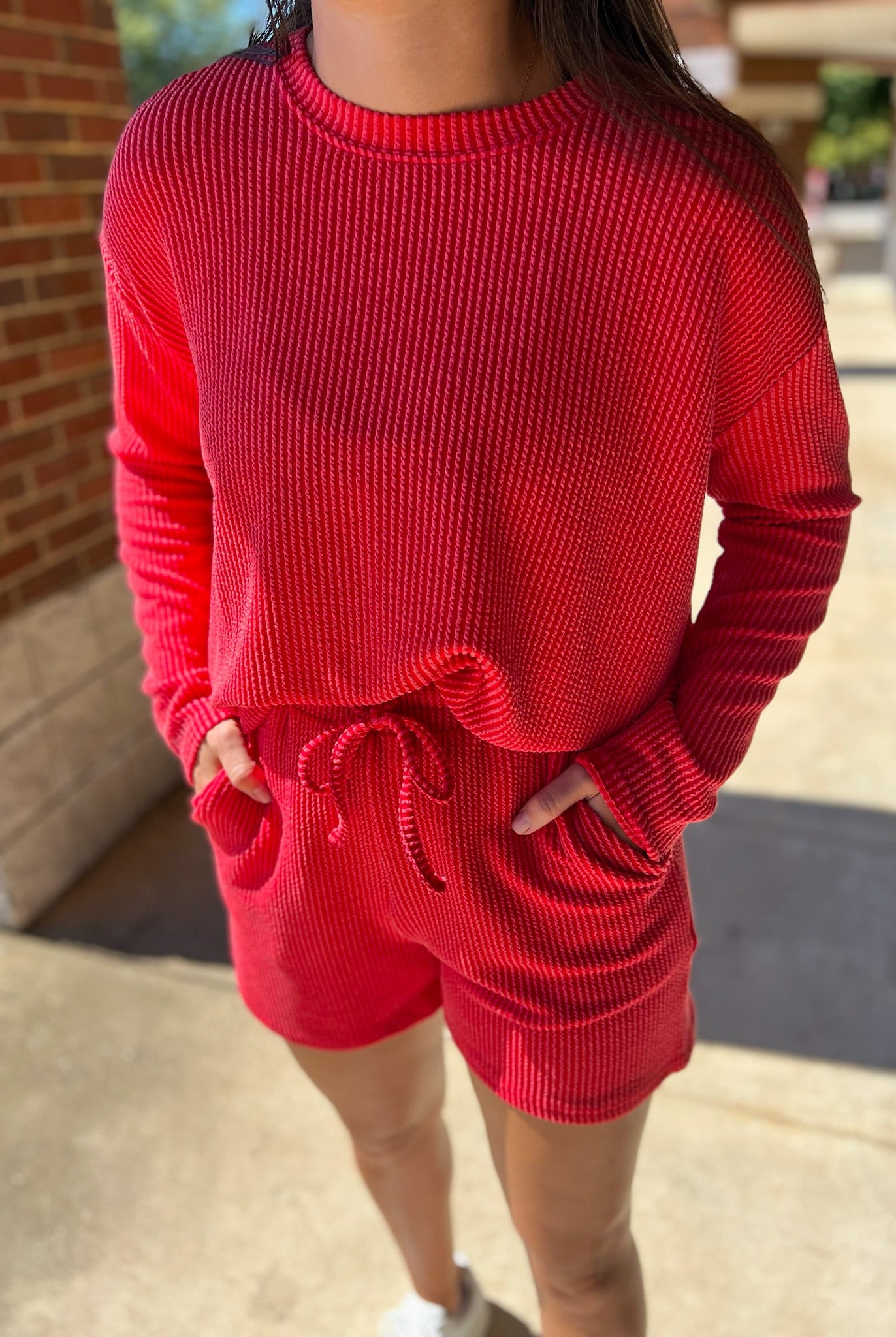 Ruby Red Long Sleeve Ribbed Short Set - A'Bekah's Boutique