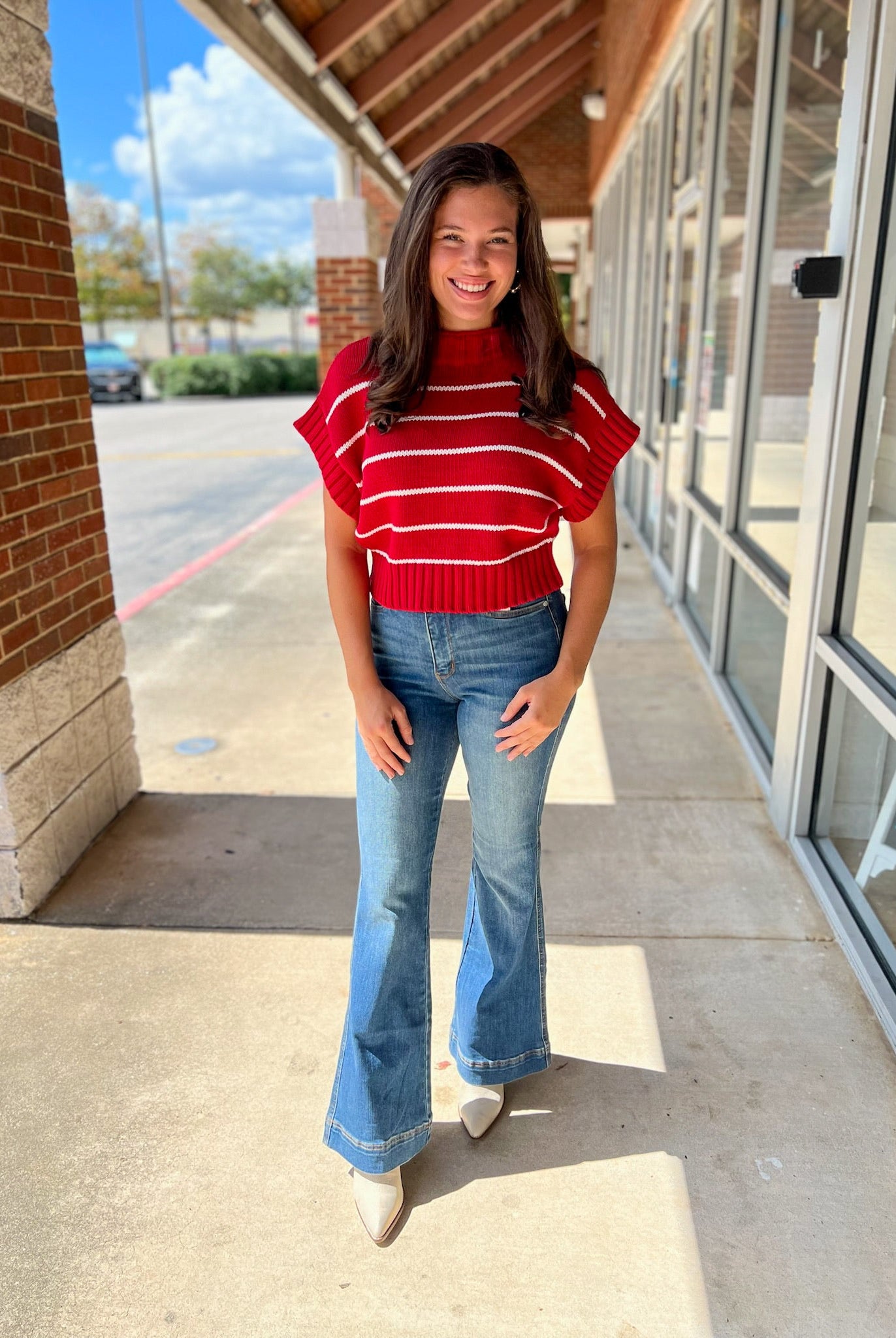 Ruby Red Striped Cropped Mock Neck Short Sleeve Sweater - A'Bekah's Boutique